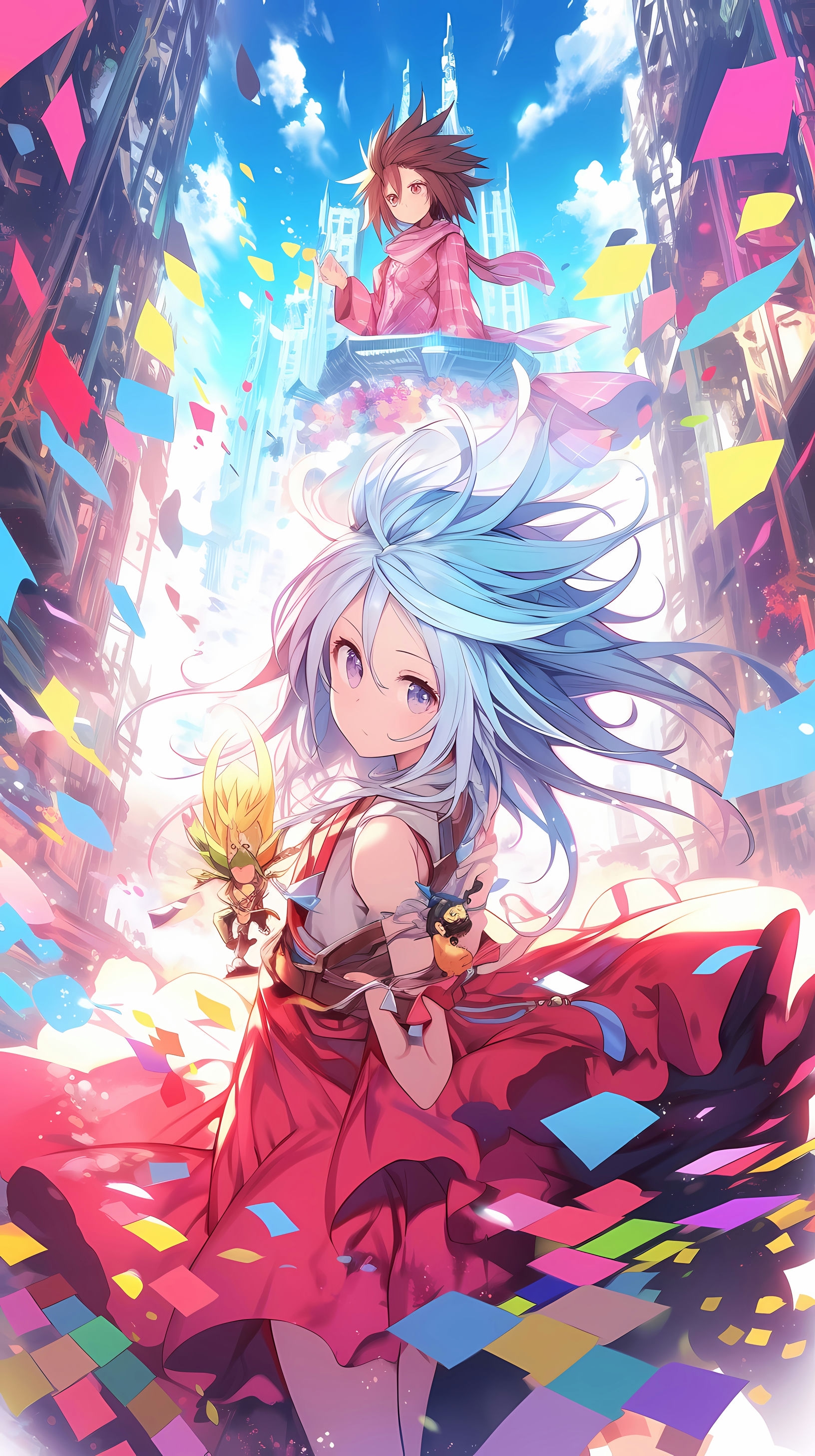 This vibrant anime wallpaper features characters from the popular series 'No Game No Life