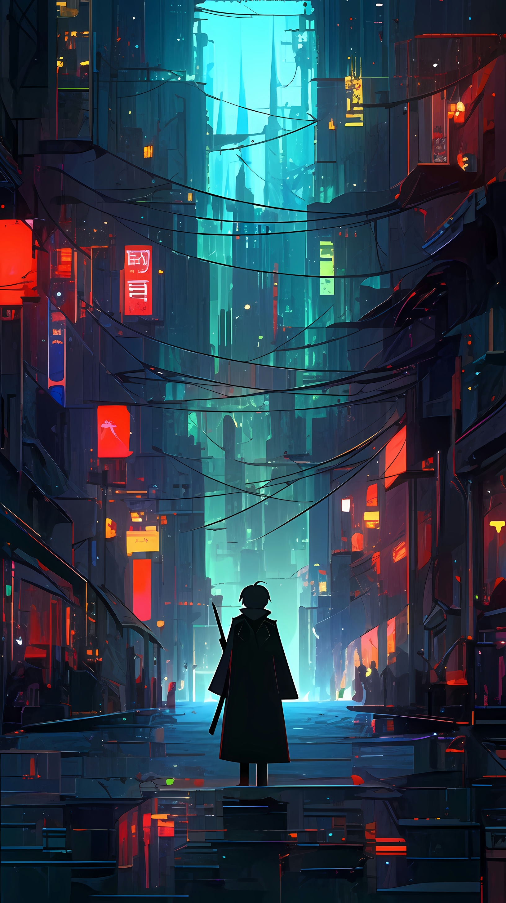 This captivating anime wallpaper depicts a lone figure standing in a futuristic, neon-lit cityscape shrouded in mist