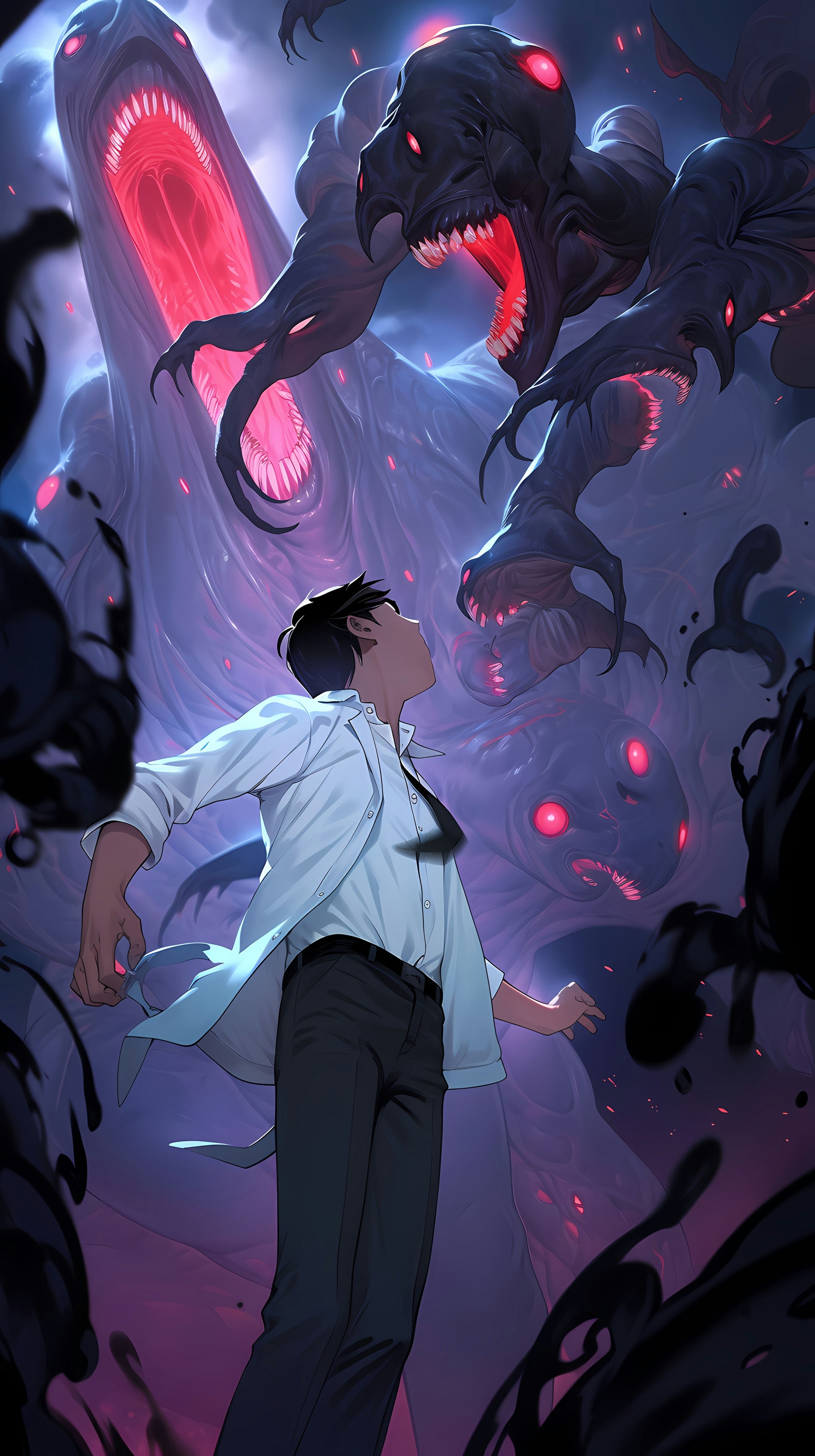 This anime wallpaper captures a tense and eerie moment from the Parasyte series