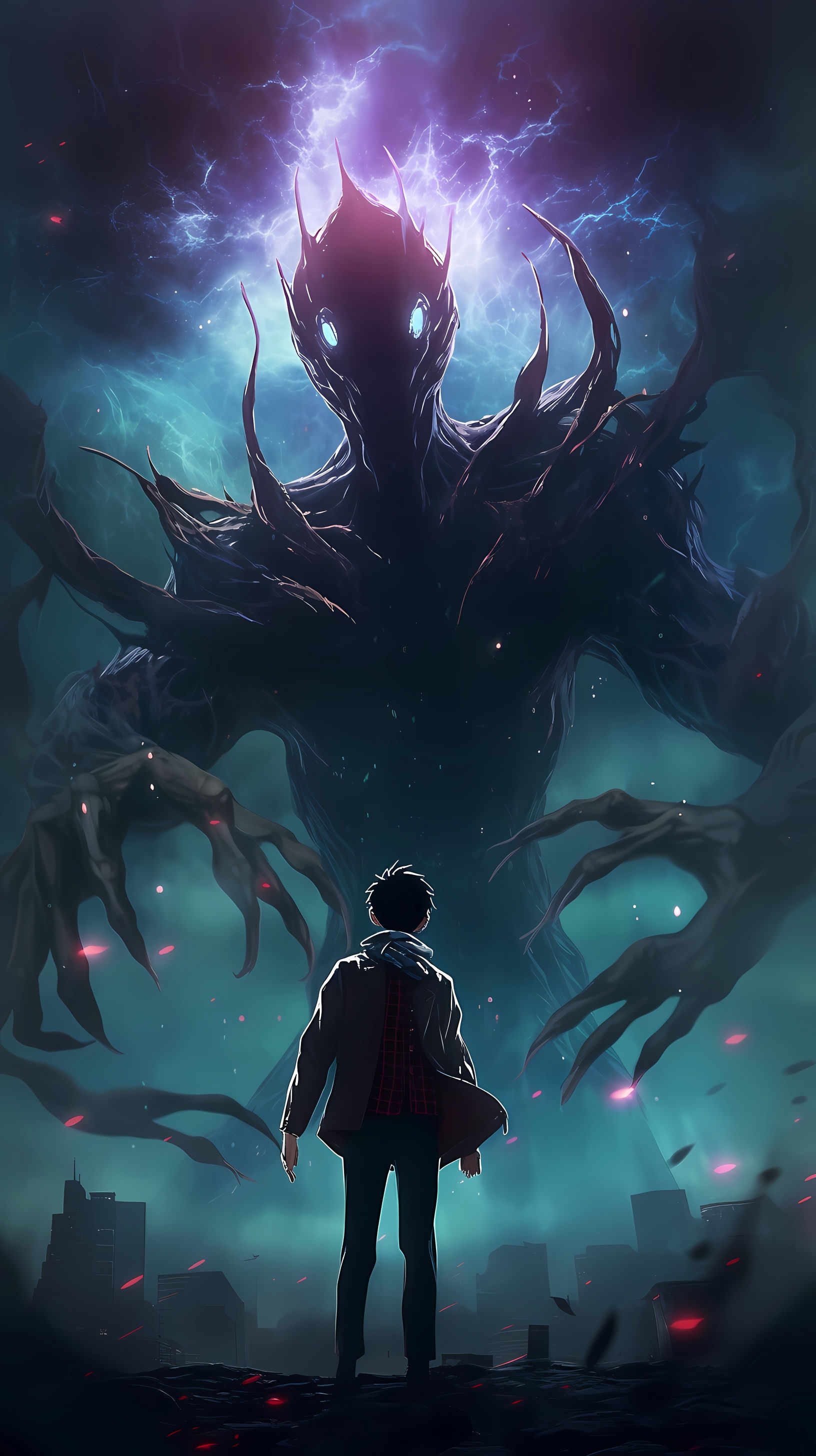 This anime wallpaper captures a dramatic and intense scene from the Parasyte series