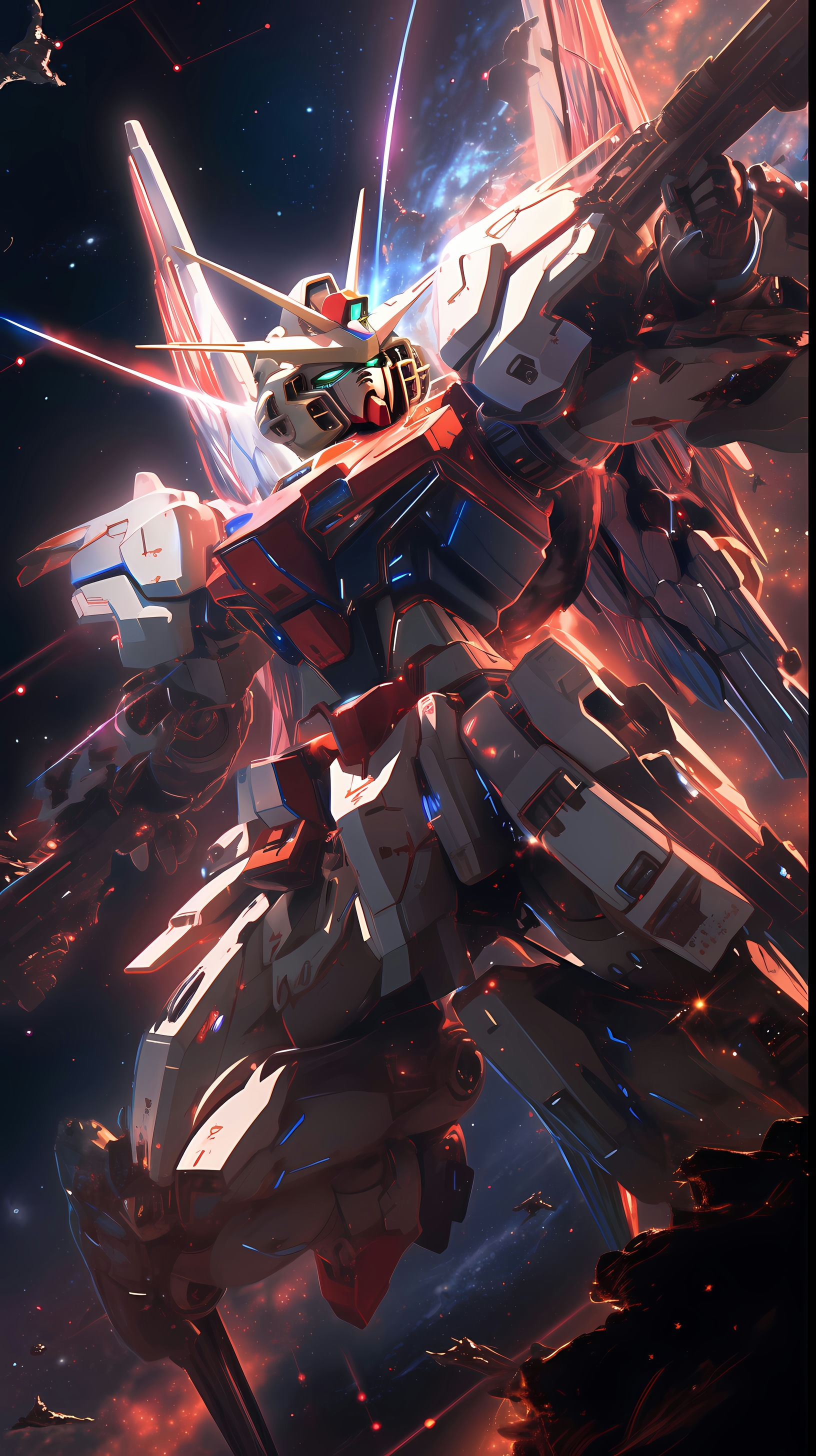 This anime wallpaper captures a thrilling moment from the Gundam SEED series, showcasing a massive Gundam mech in the midst of an intense space battle