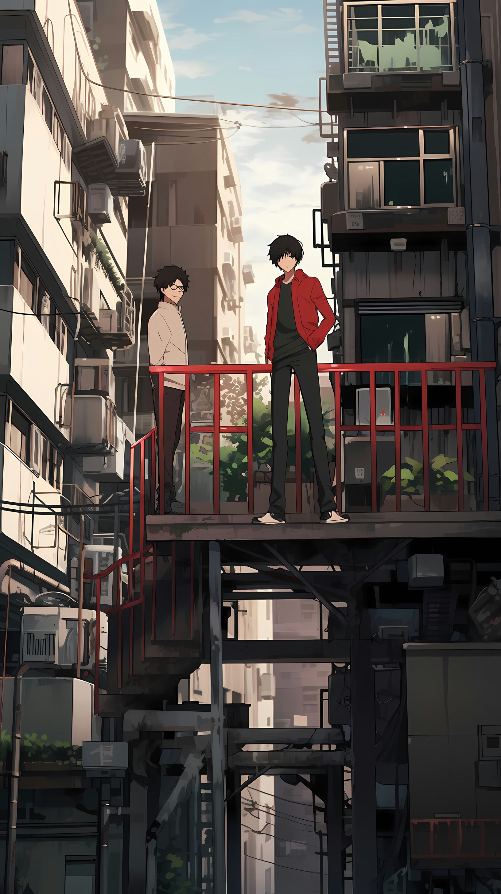This anime wallpaper captures a serene moment in a bustling urban setting