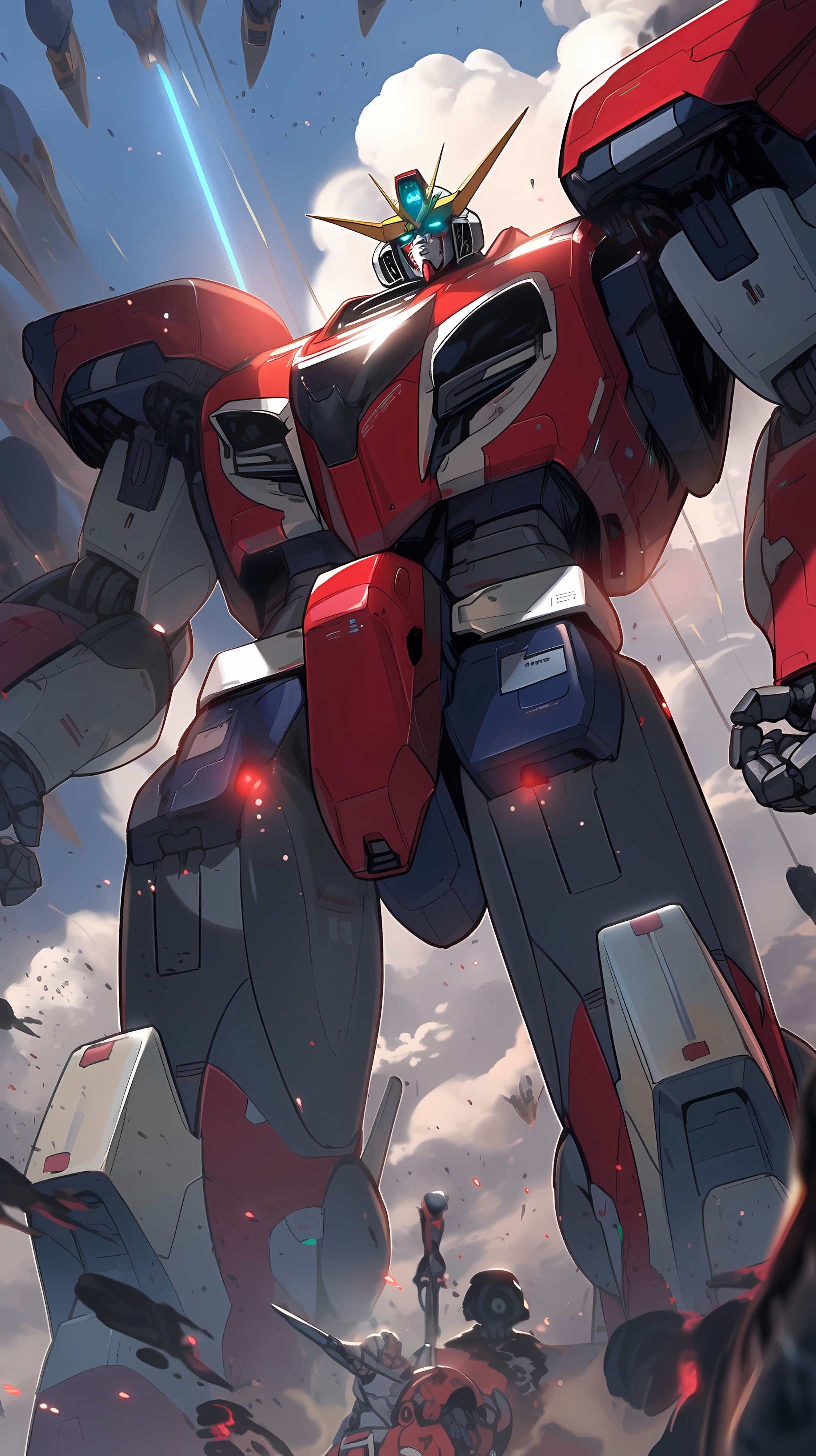 This anime wallpaper captures an intense moment from a Robotech series, showcasing a massive red and white mecha towering over a battlefield