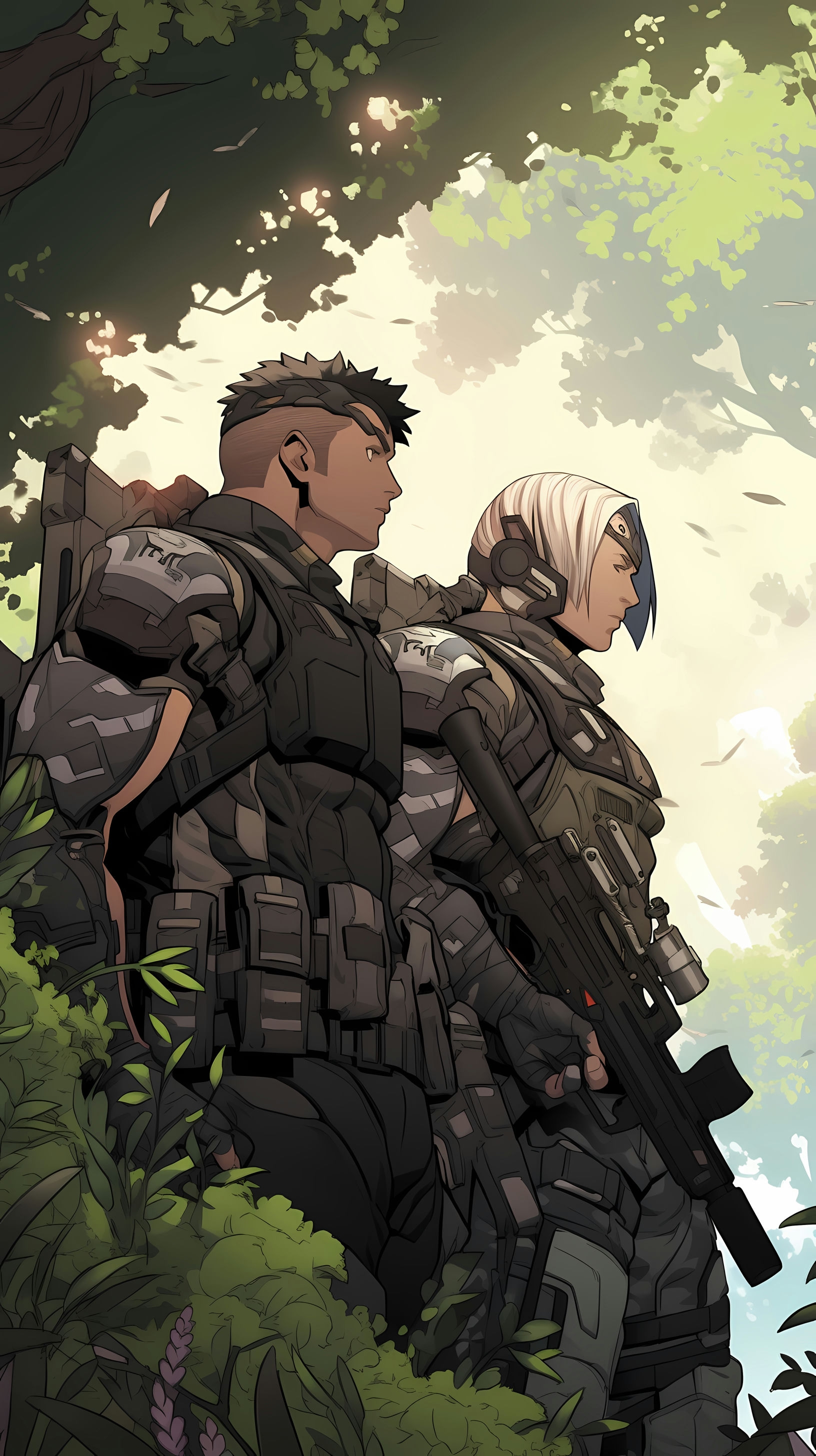 This anime wallpaper features two futuristic soldiers standing amidst a lush, green forest