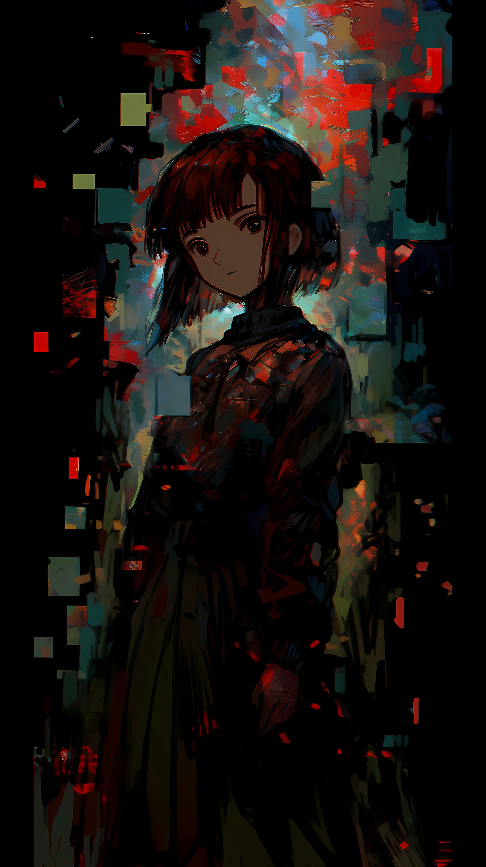 This anime wallpaper features a young girl with vibrant red hair standing amidst a futuristic, neon-lit cityscape