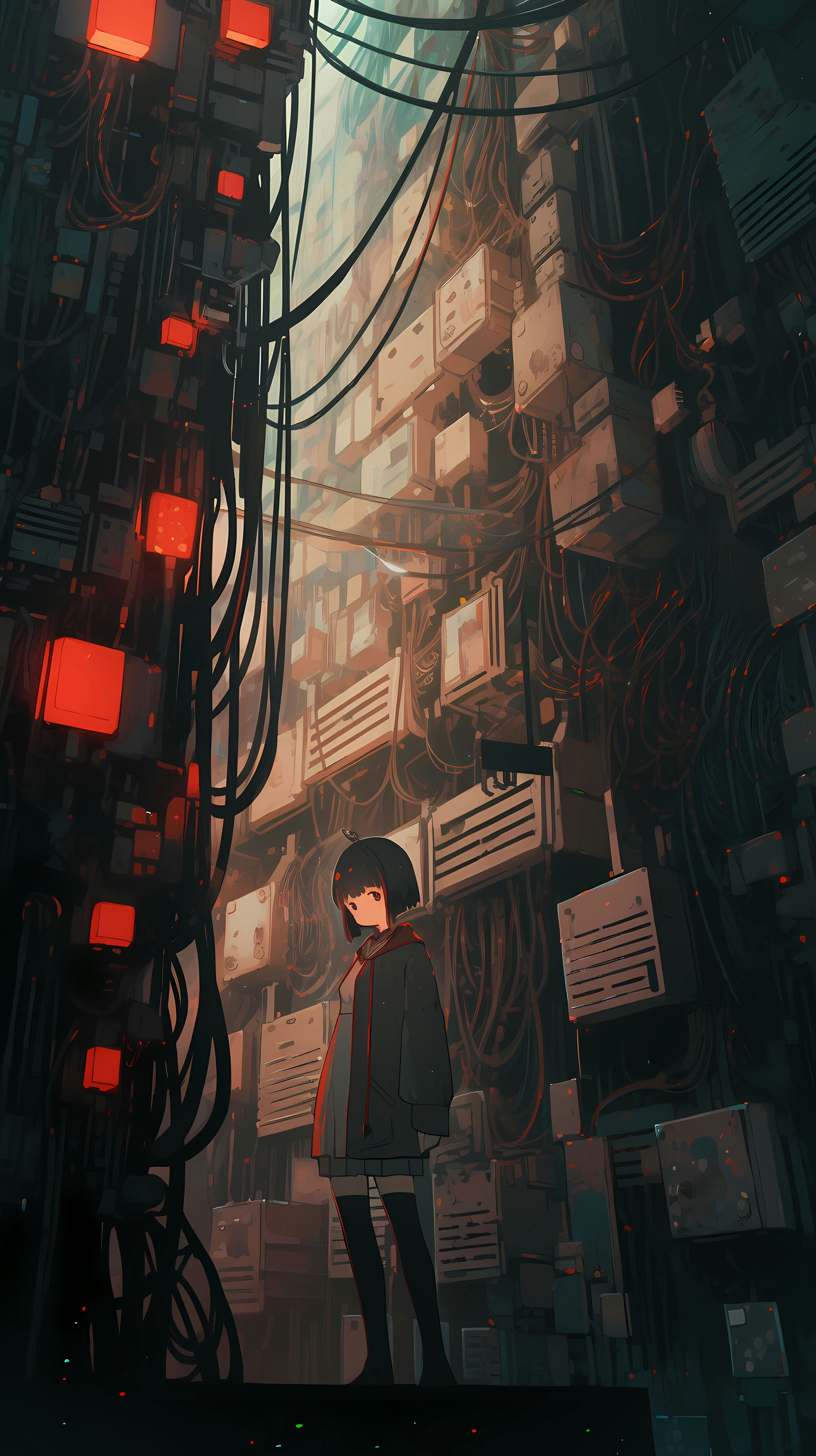 This anime wallpaper captures a mysterious and futuristic urban scene