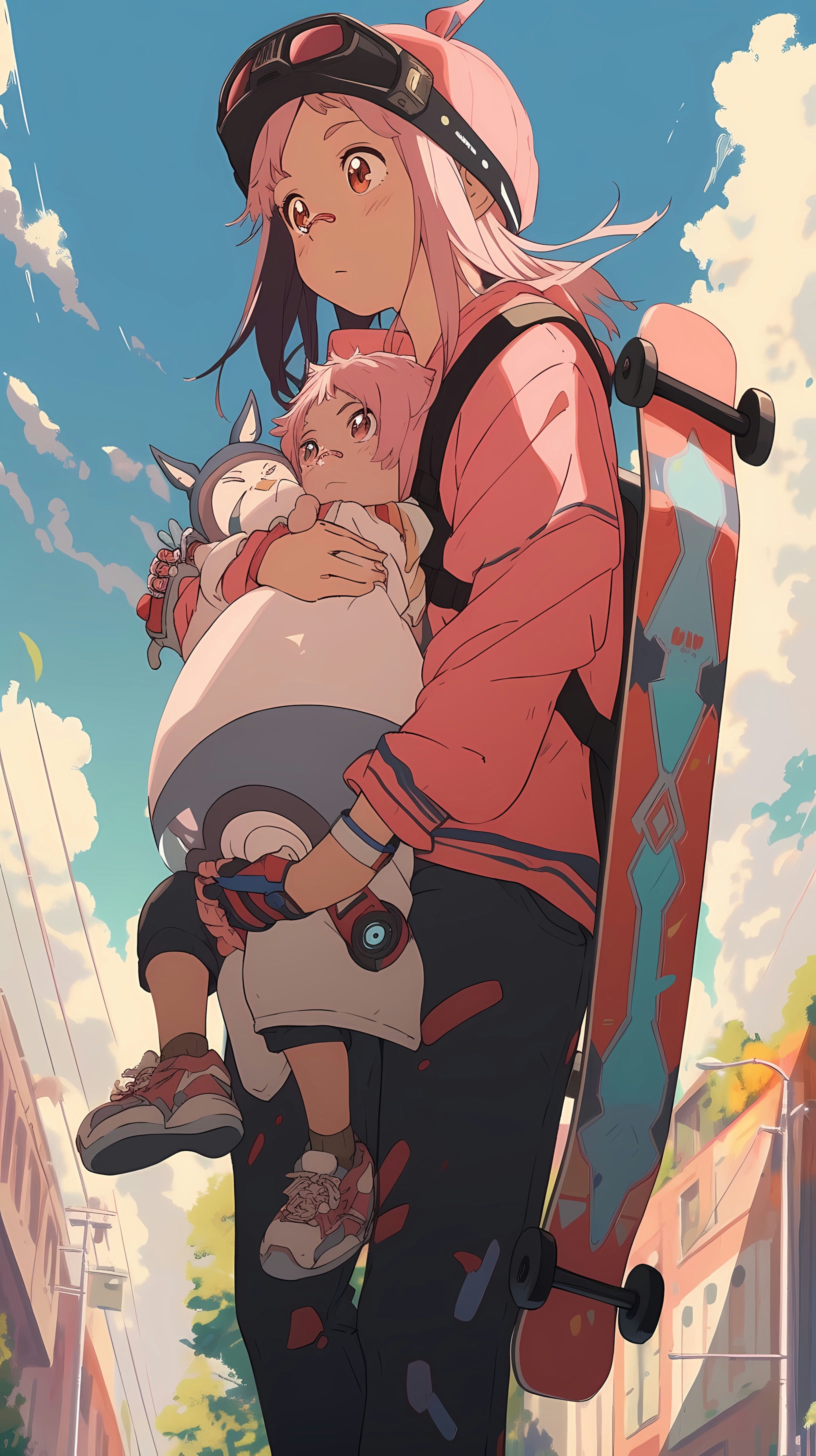 This anime wallpaper captures a surreal and adventurous scene from FLCL