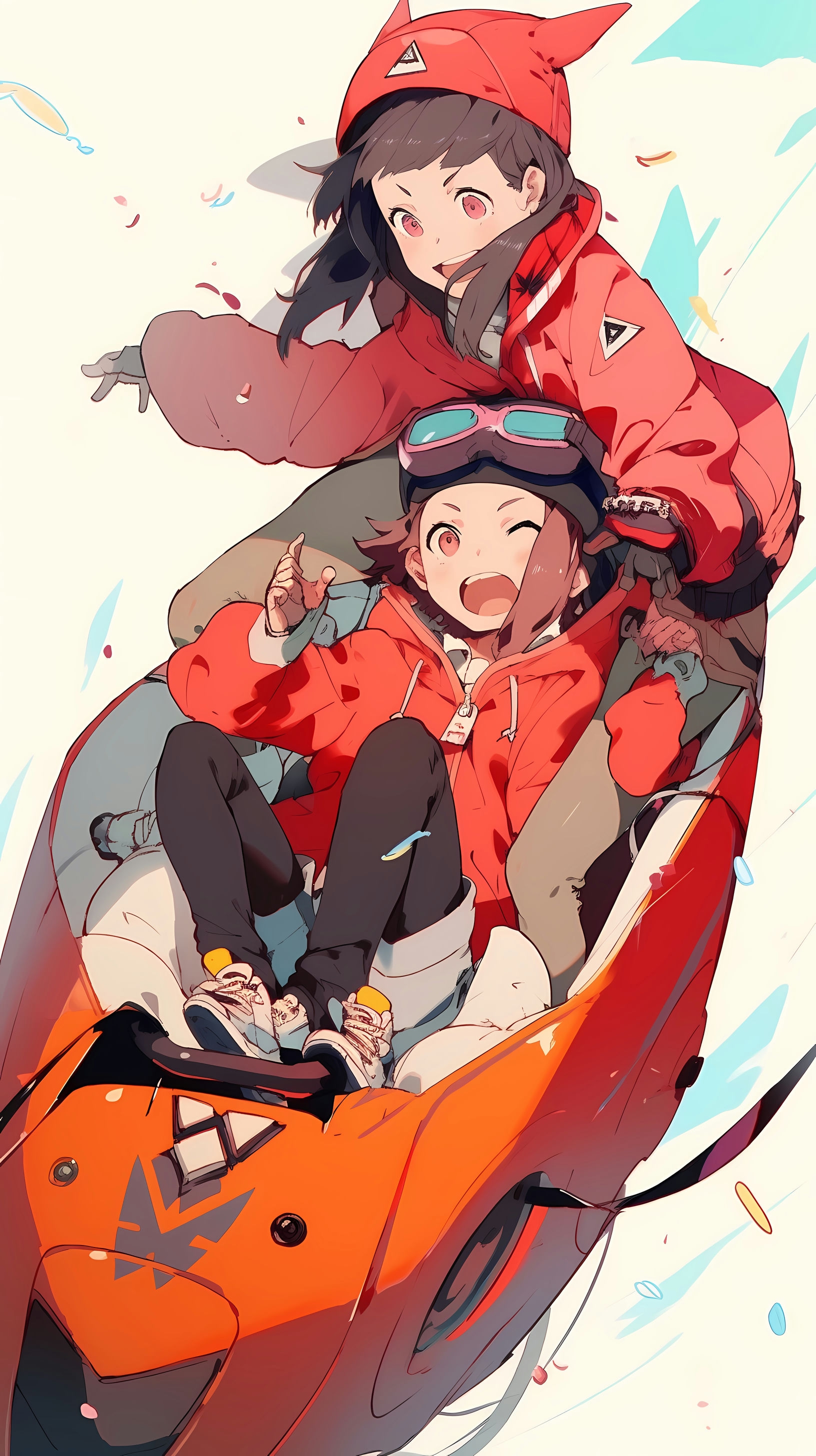 This anime wallpaper captures the whimsical and energetic spirit of FLCL, featuring two main characters in a surreal, action-packed scene