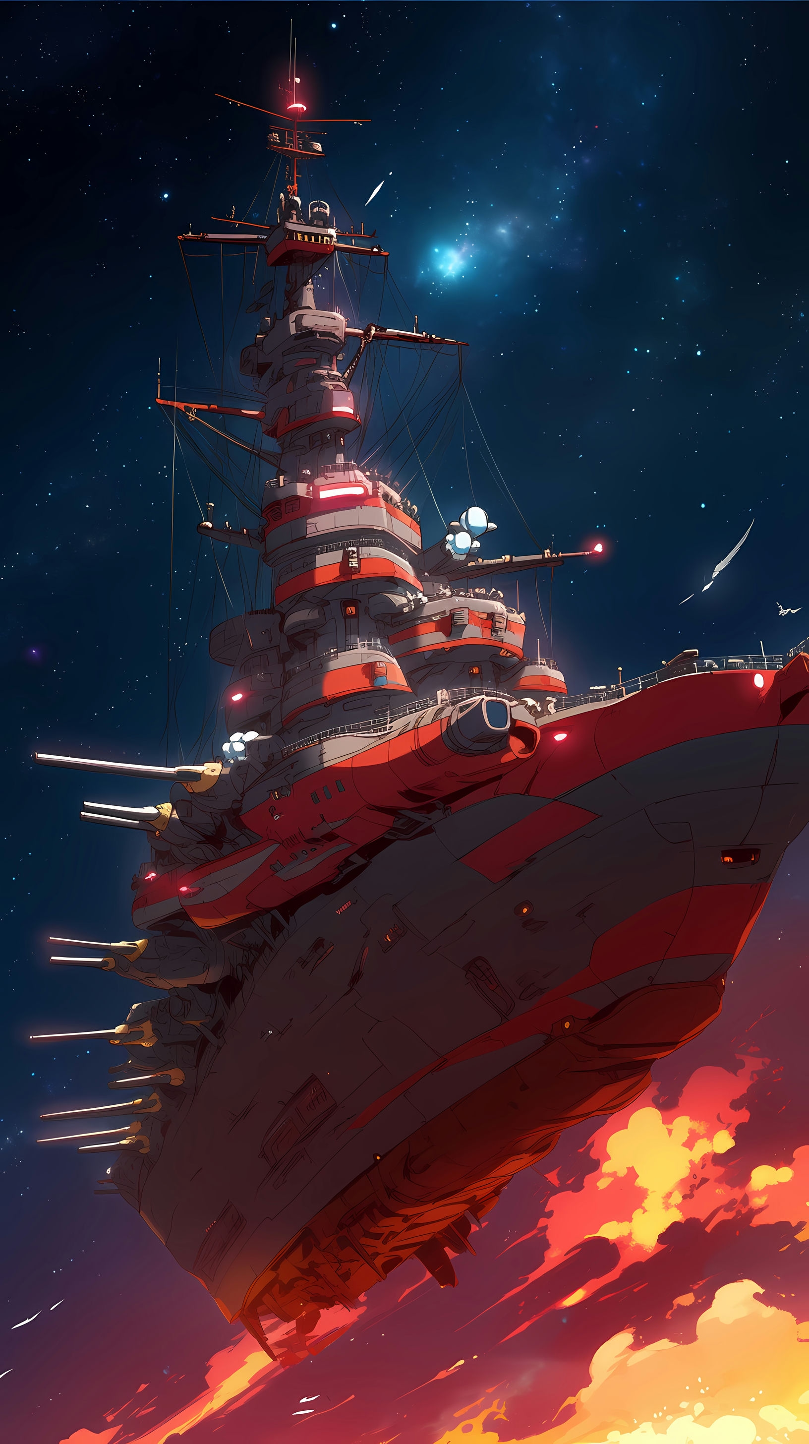 This anime wallpaper captures the iconic Space Battleship Yamato in a dramatic celestial battle
