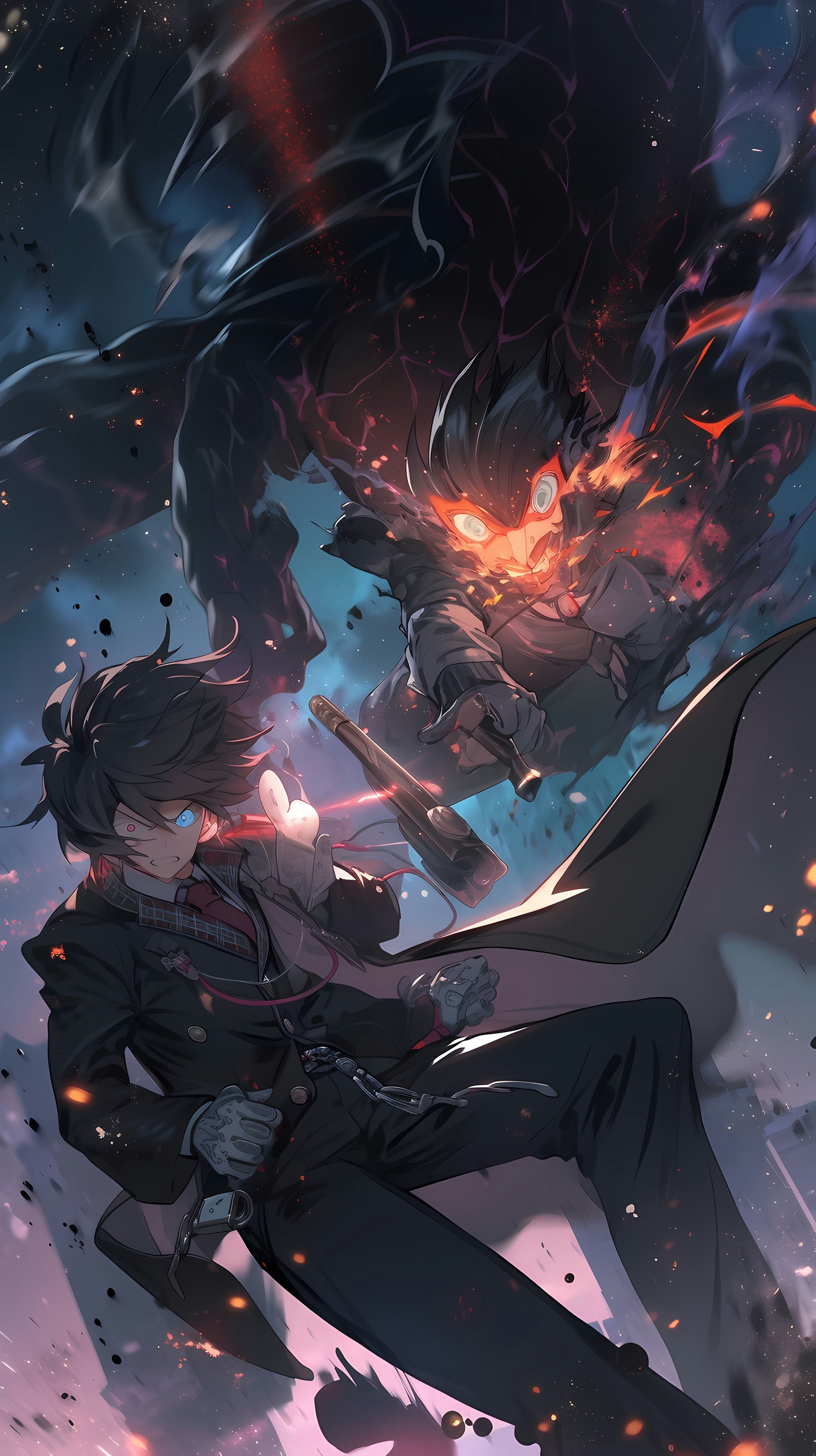 This anime wallpaper captures an intense battle scene between two characters amidst a dramatic backdrop