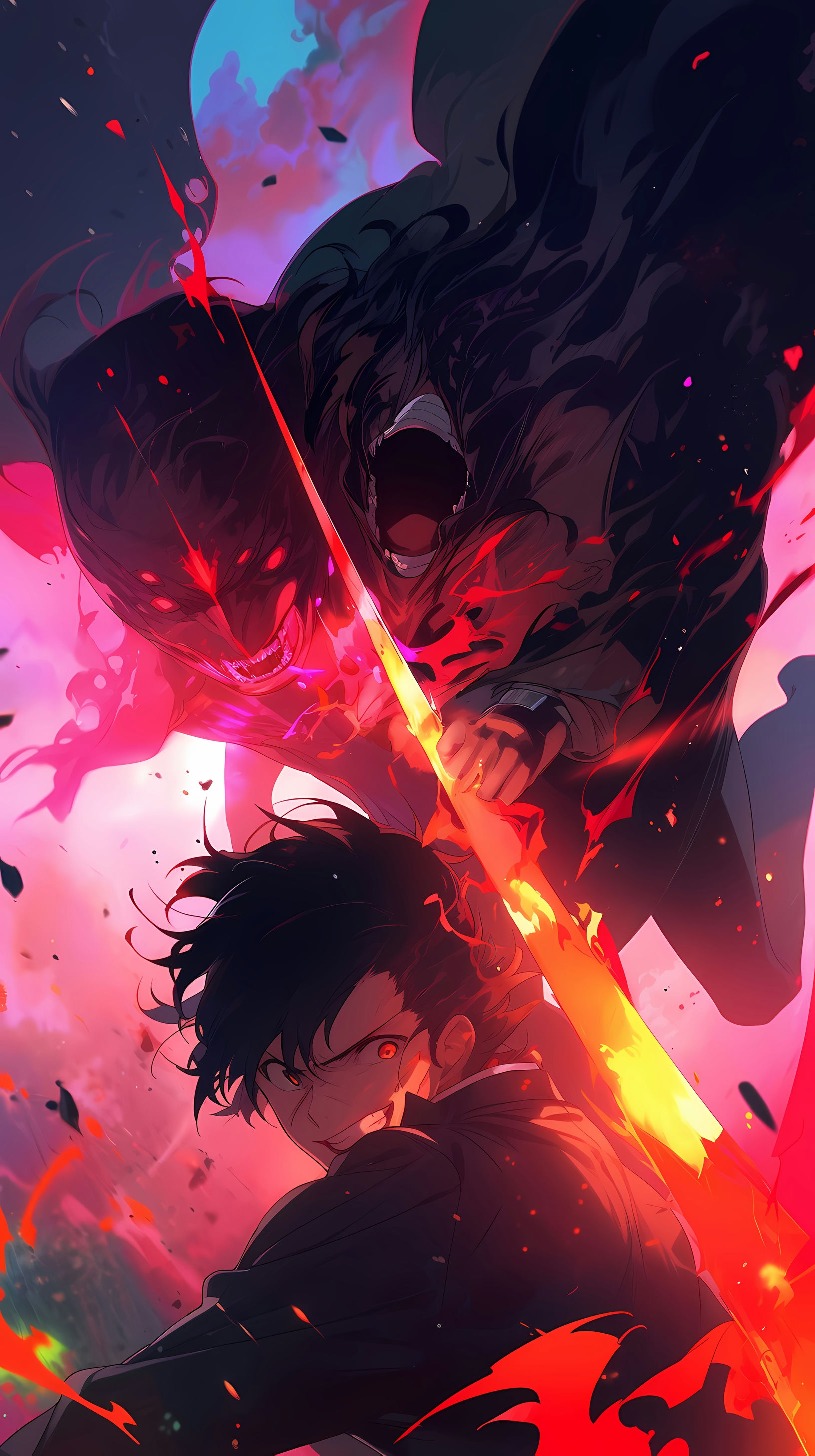 This anime wallpaper captures an intense battle scene featuring a dark-haired character wielding a glowing orange sword