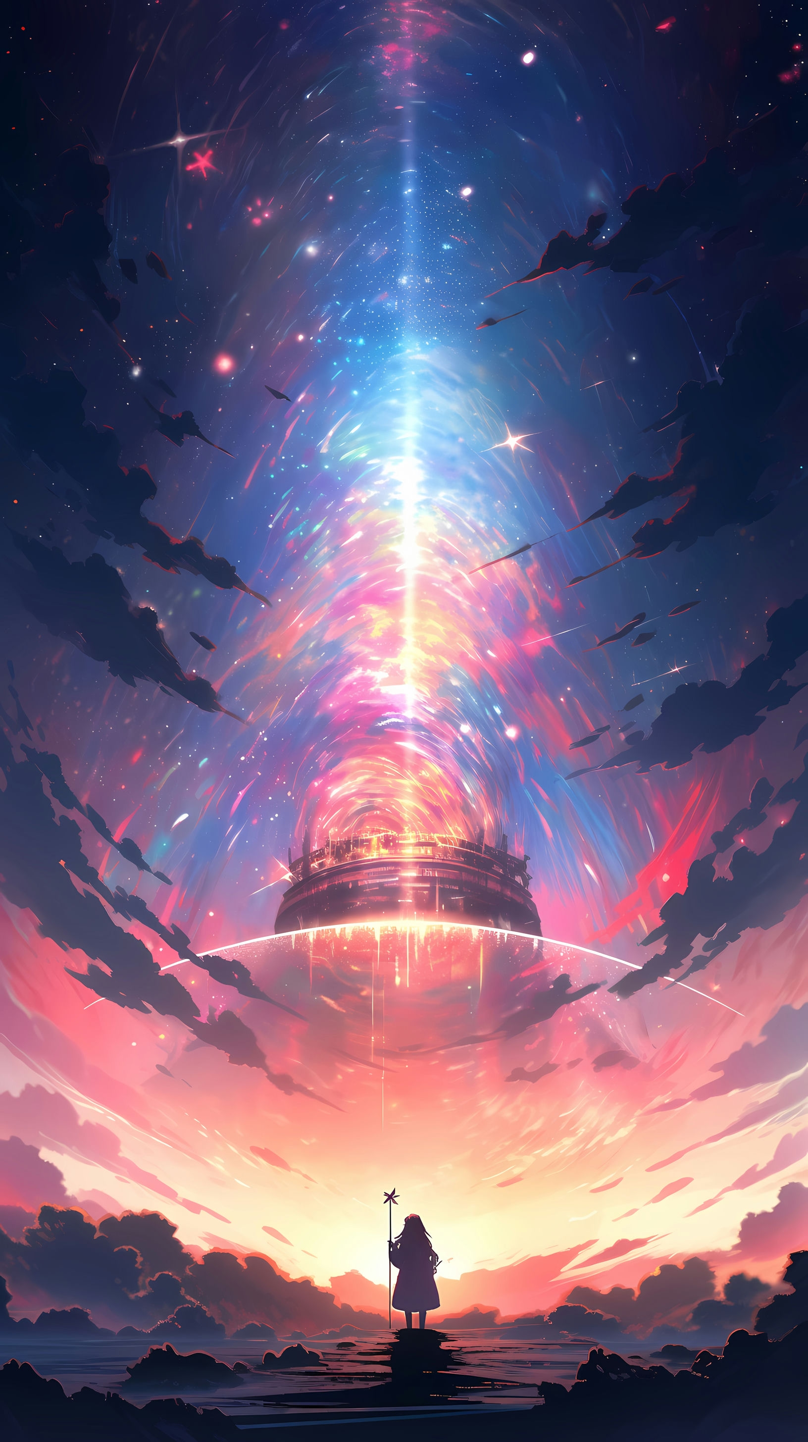 This captivating anime wallpaper showcases a breathtaking scene of a celestial journey
