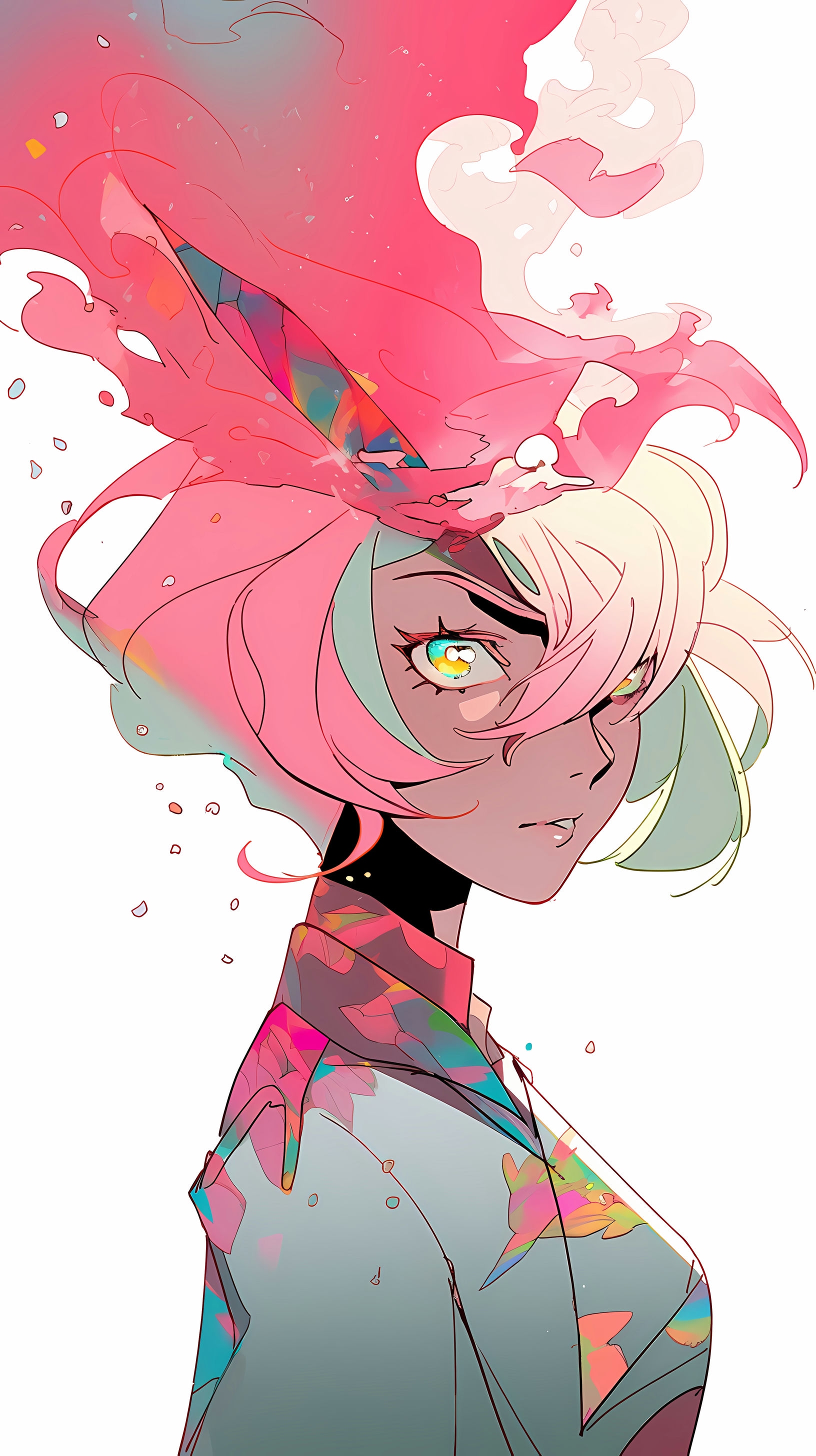 This anime wallpaper features a striking and stylized character with vibrant pink hair and a distinctive, geometric-patterned outfit