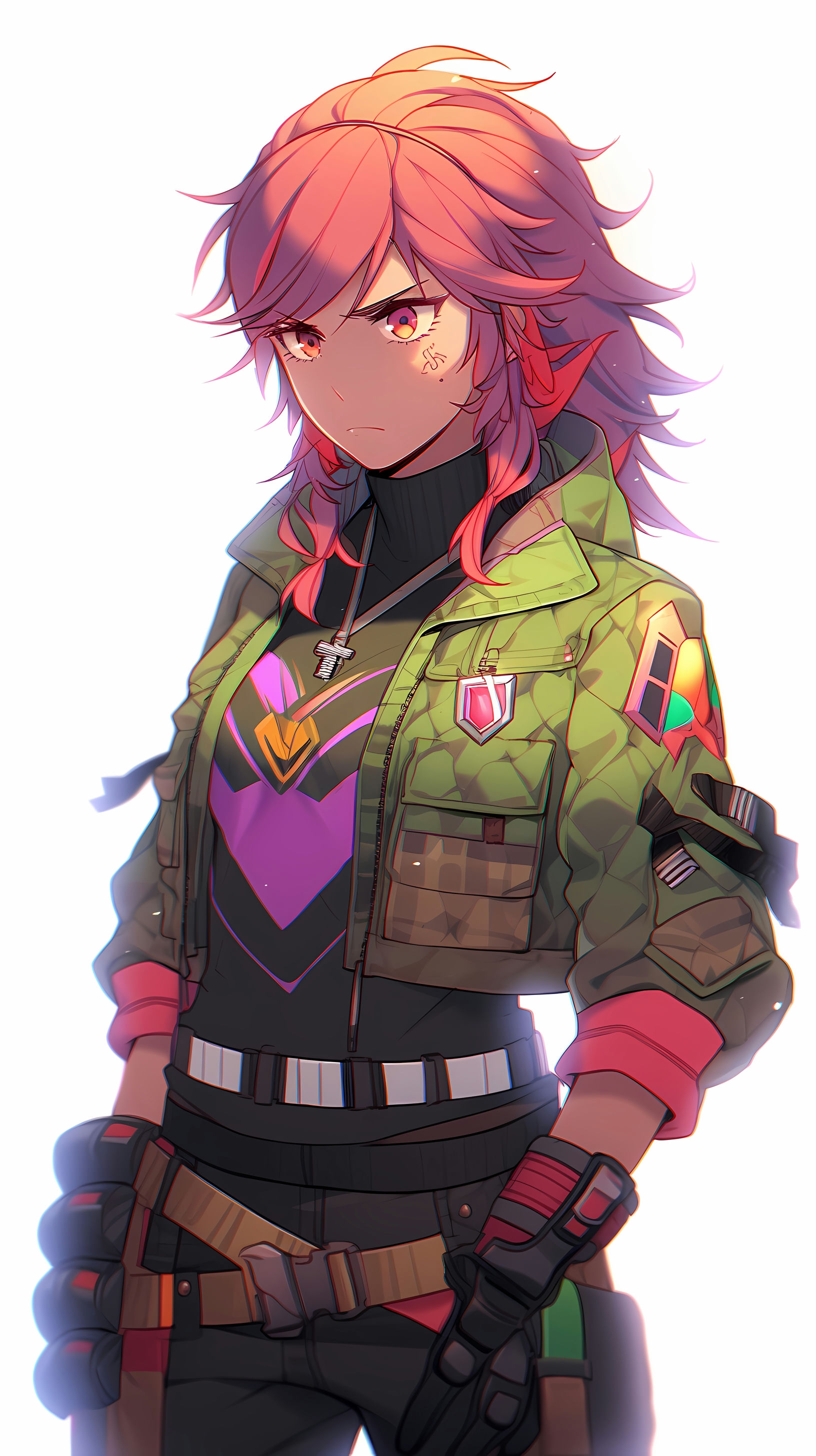 This anime wallpaper features a vibrant and dynamic character with striking red hair, dressed in a tactical outfit adorned with various patches and badges
