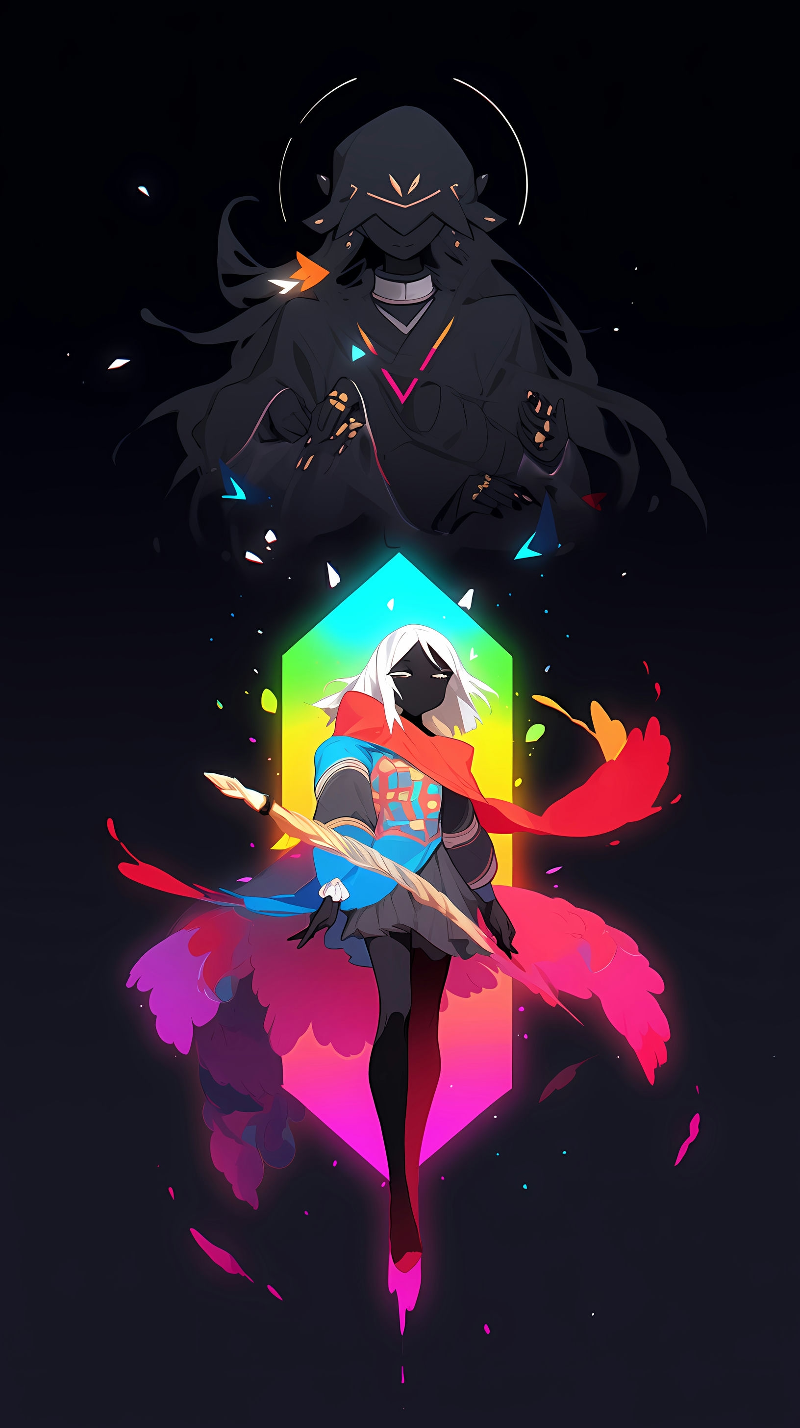 This anime wallpaper features two distinct characters set against a dramatic and vibrant backdrop