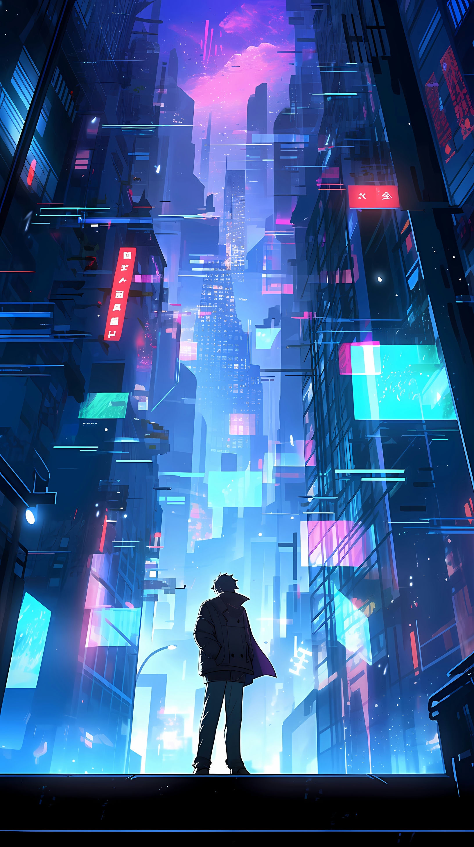 This anime wallpaper captures a futuristic cyberpunk cityscape, characterized by towering skyscrapers and neon lights