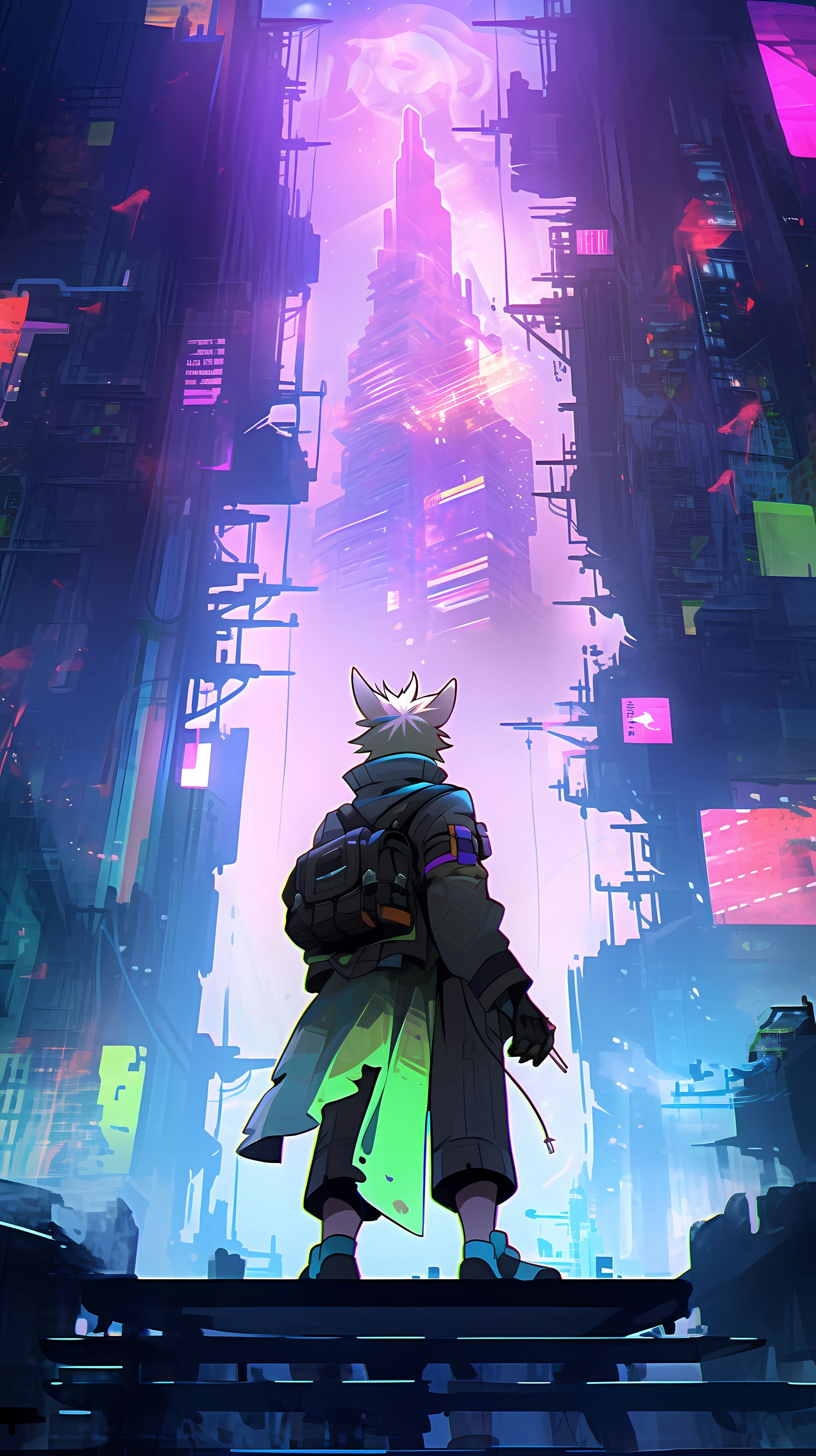 This anime wallpaper captures a futuristic cyberpunk cityscape illuminated by neon lights