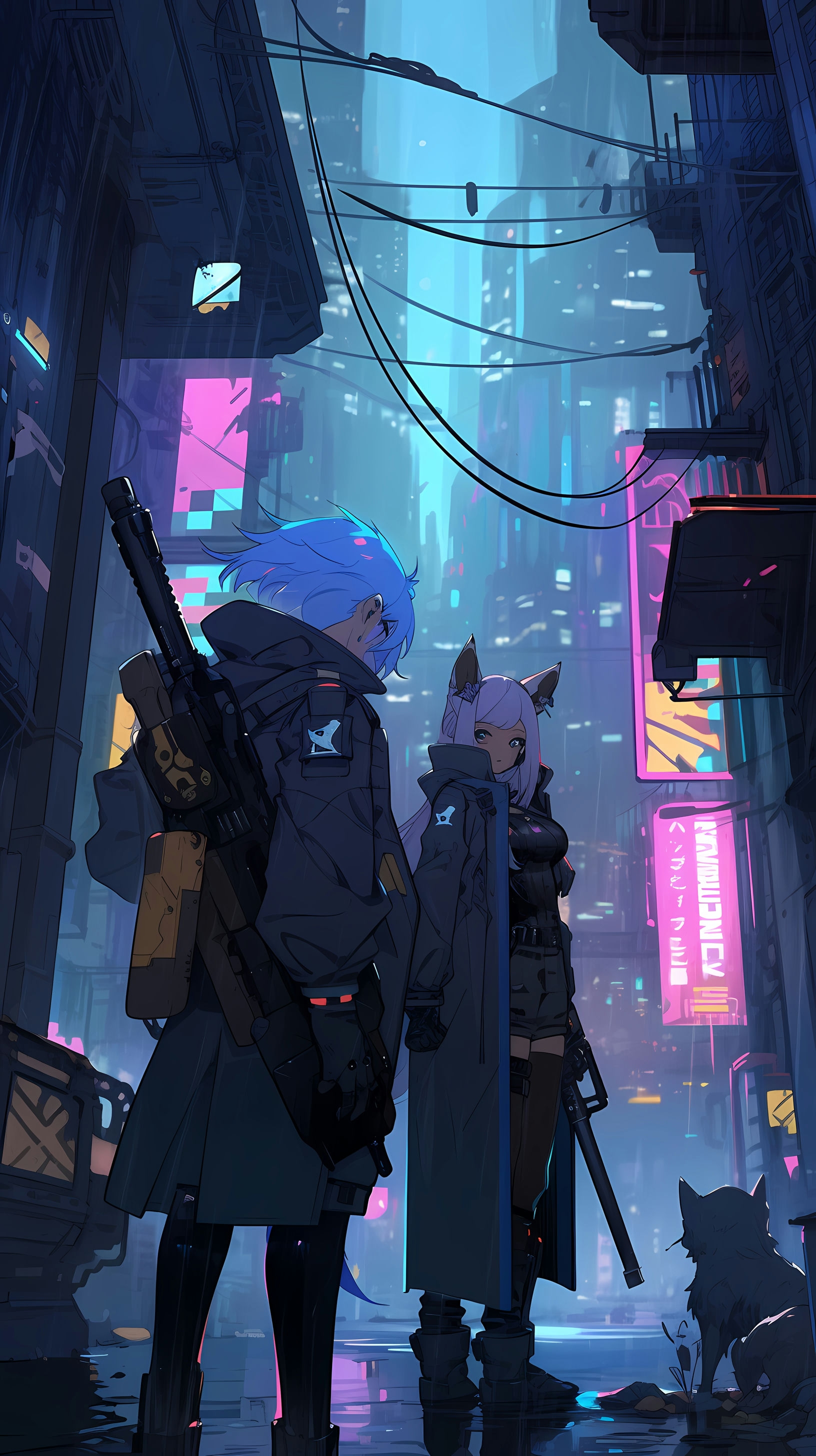 This captivating anime wallpaper depicts a solitary figure walking through a futuristic, neon-lit cityscape during a rainy night
