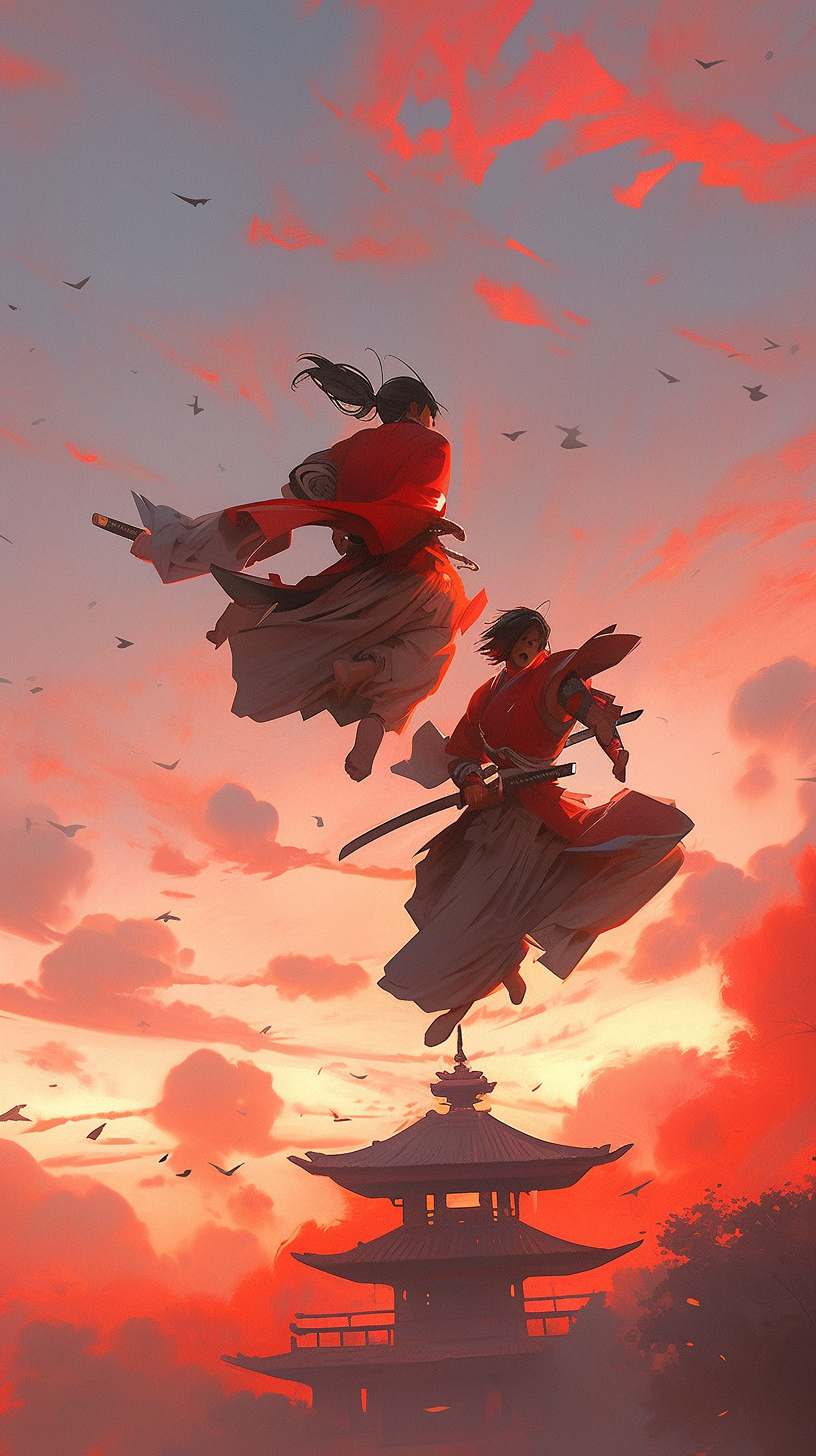 This anime wallpaper captures a dramatic scene of two skilled samurai engaged in a high-stakes battle against a stunning sunset backdrop