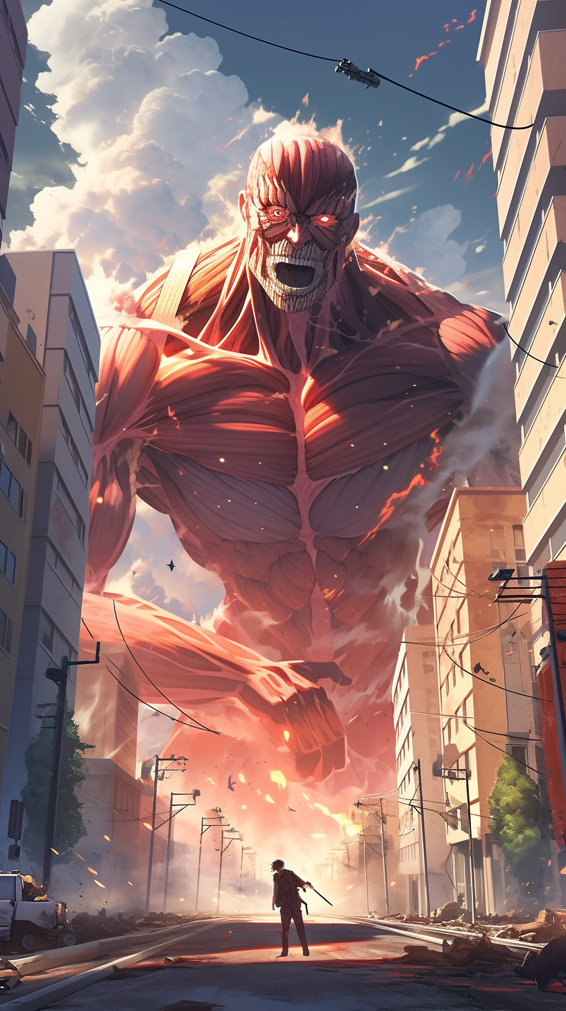 This anime wallpaper captures a dramatic scene from Attack on Titan, showcasing a towering Titan menacingly looming over a cityscape