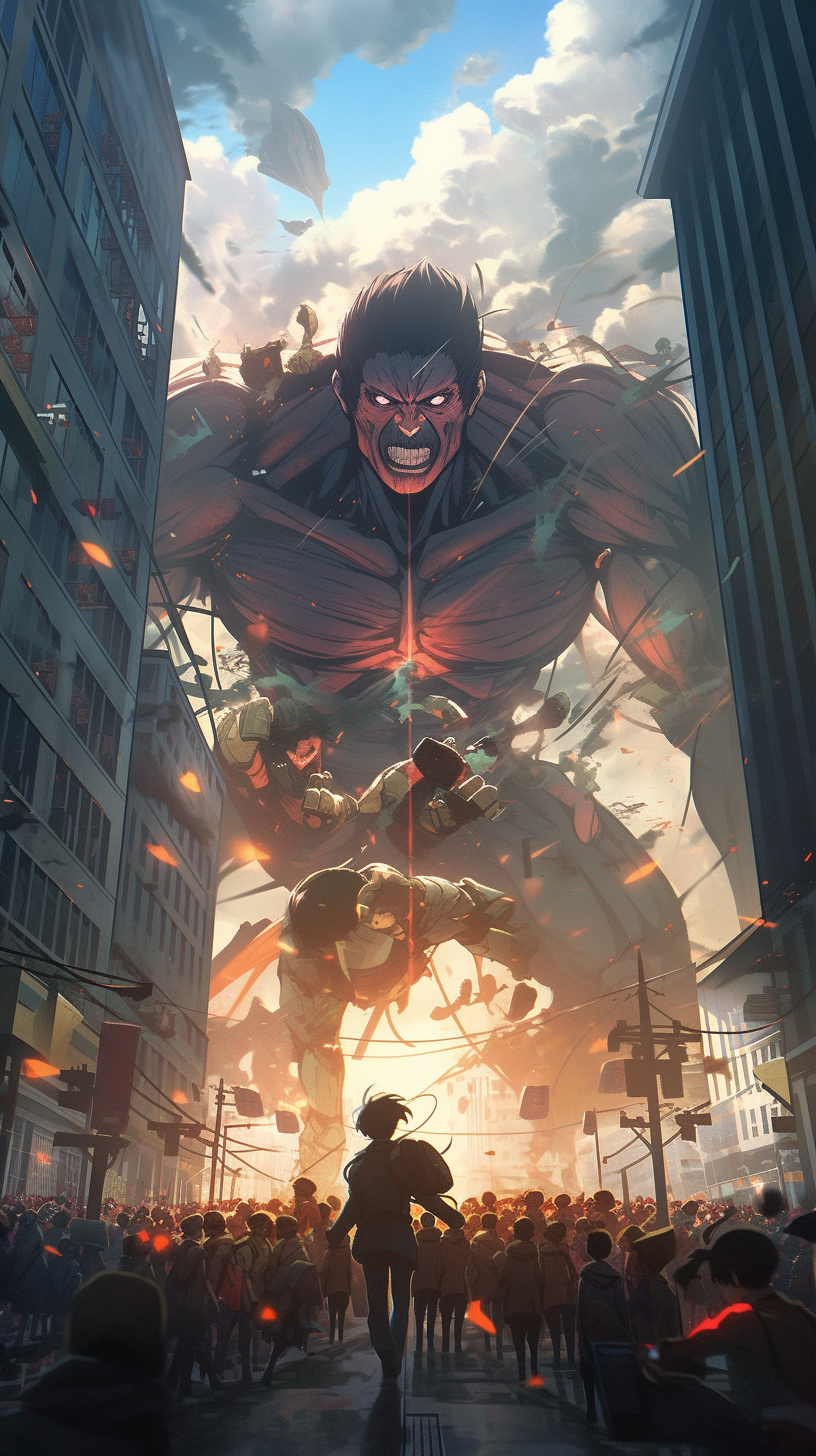 This anime wallpaper captures a dramatic scene from Attack on Titan