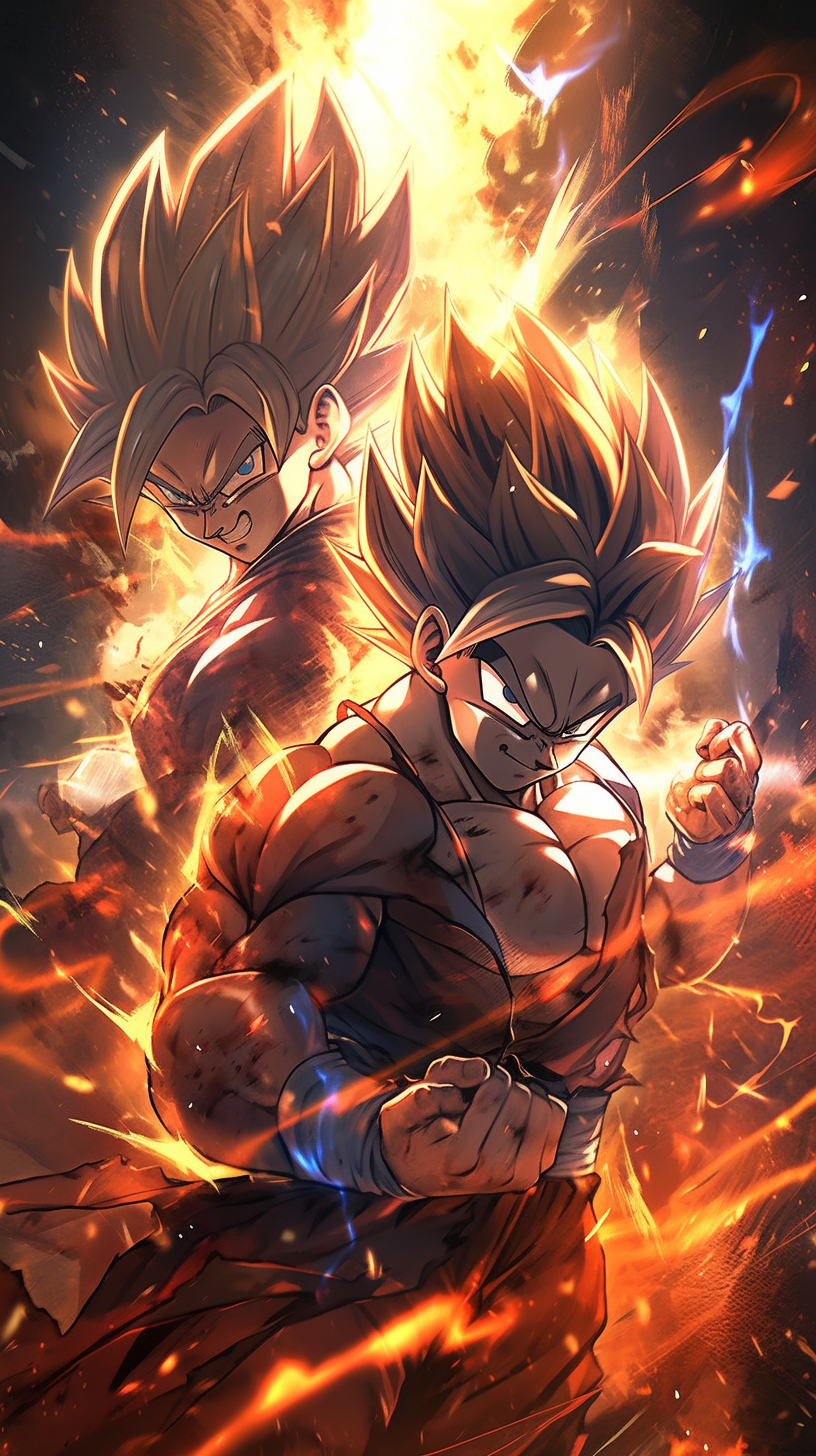 This anime wallpaper showcases a dynamic and intense scene featuring a powerful character in a fiery, action-packed setting
