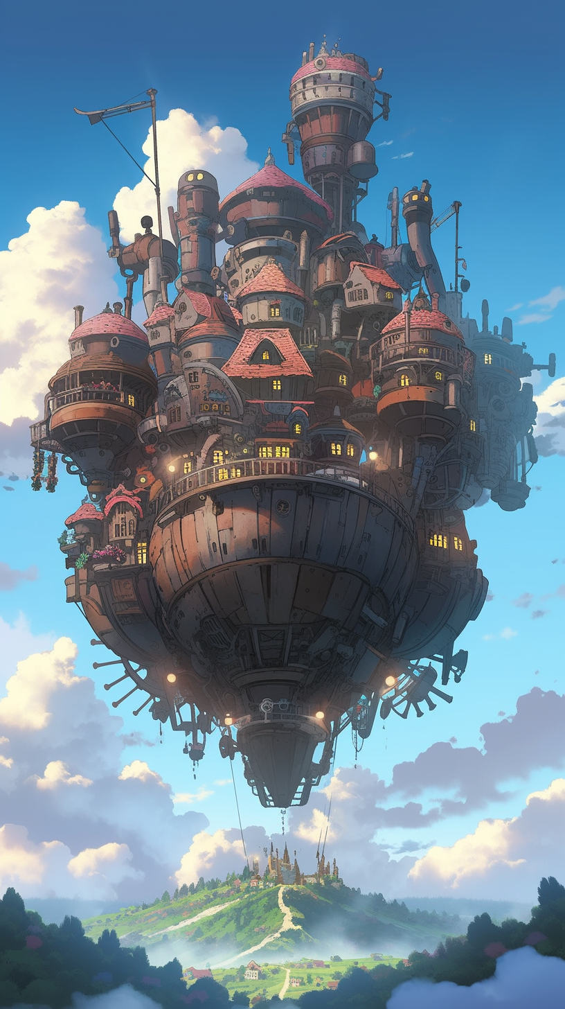 This anime wallpaper showcases a breathtaking scene of a futuristic, floating city with intricate architecture