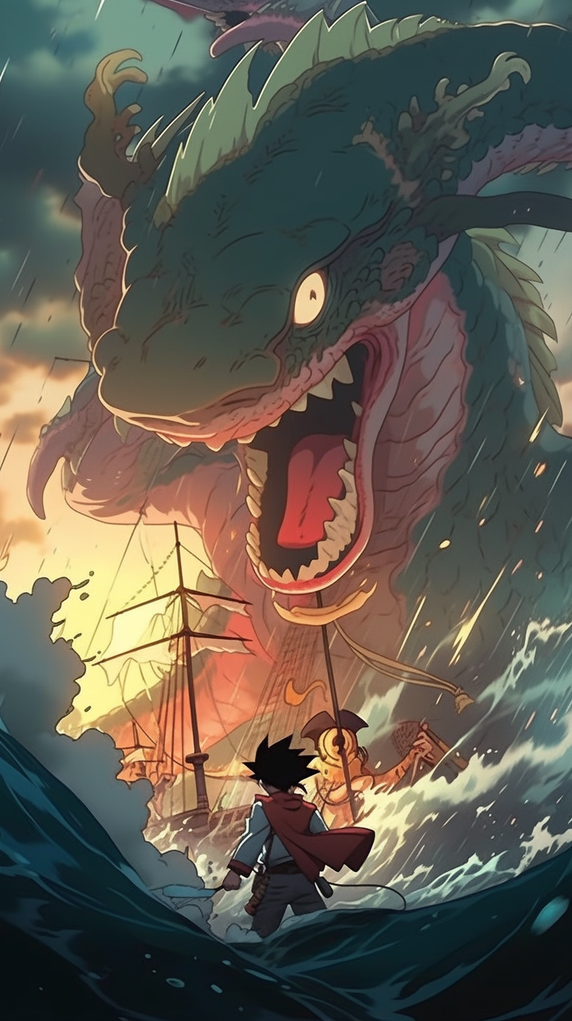 This anime wallpaper captures a dramatic scene from the Straw Hat Pirates' adventures