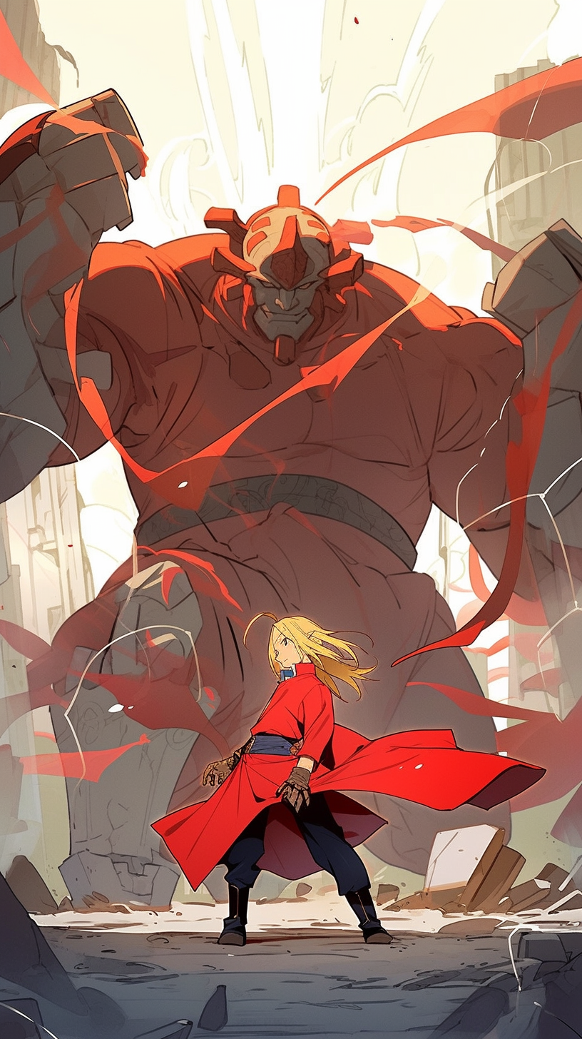 This anime wallpaper captures an intense moment from Fullmetal Alchemist, featuring a dramatic battle scene in the ruins