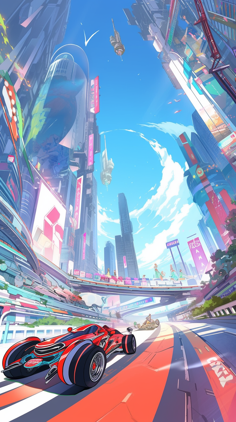 This anime wallpaper captures a thrilling scene from Demon Slayer, showcasing a high-speed chase in a futuristic cityscape