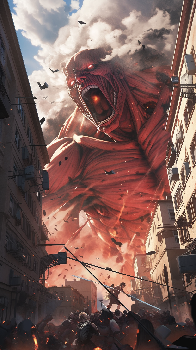 This anime wallpaper captures a dramatic scene from Attack on Titan