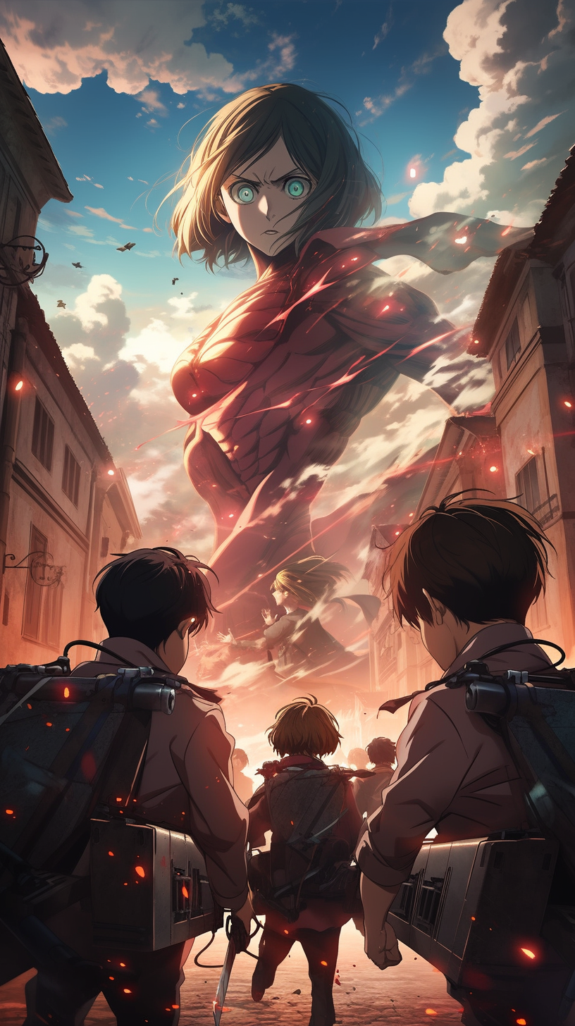 This anime wallpaper captures a dramatic scene from Attack on Titan, showcasing the intense and action-packed nature of the series