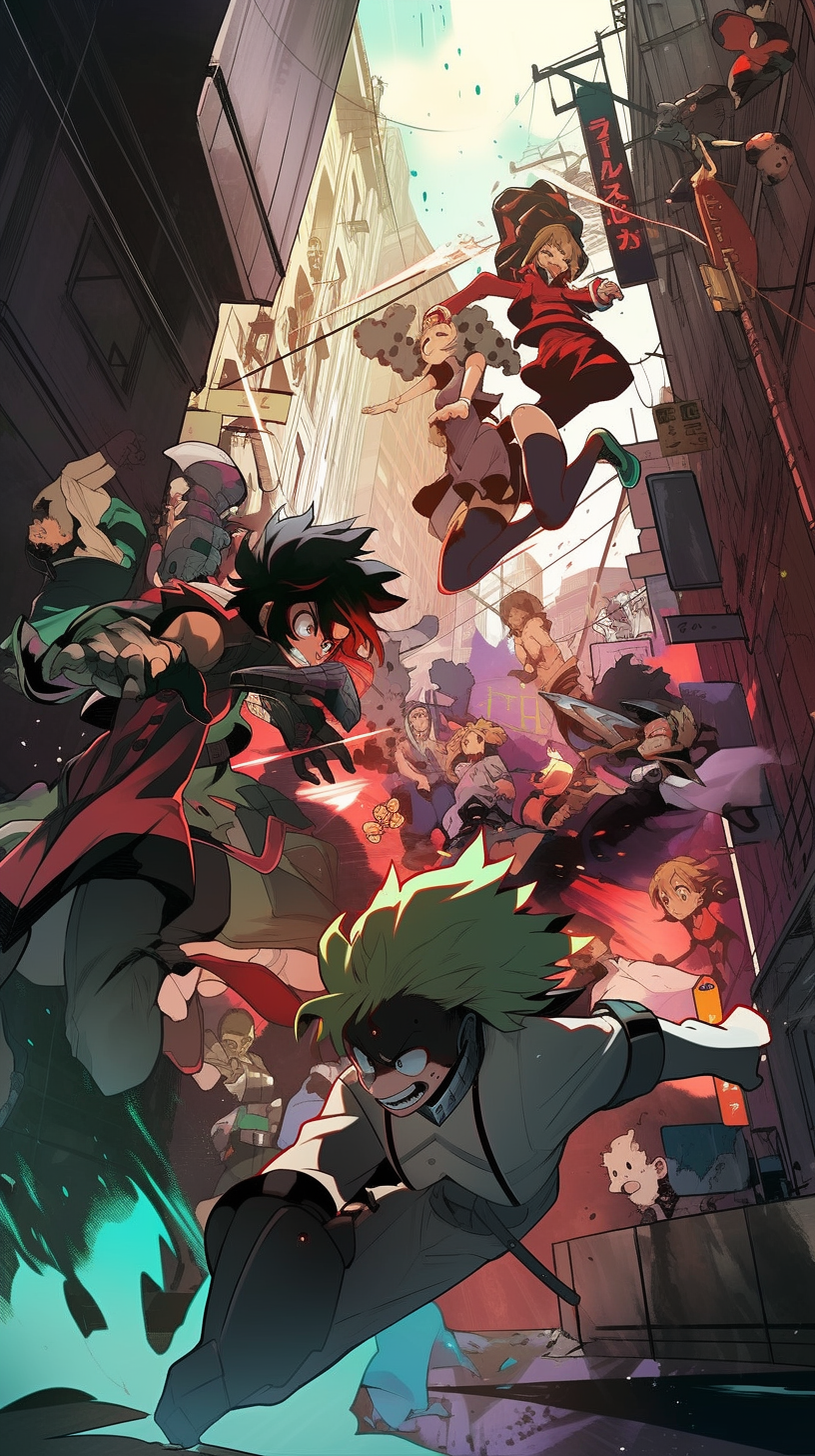 This anime wallpaper captures an intense battle scene from My Hero Academia