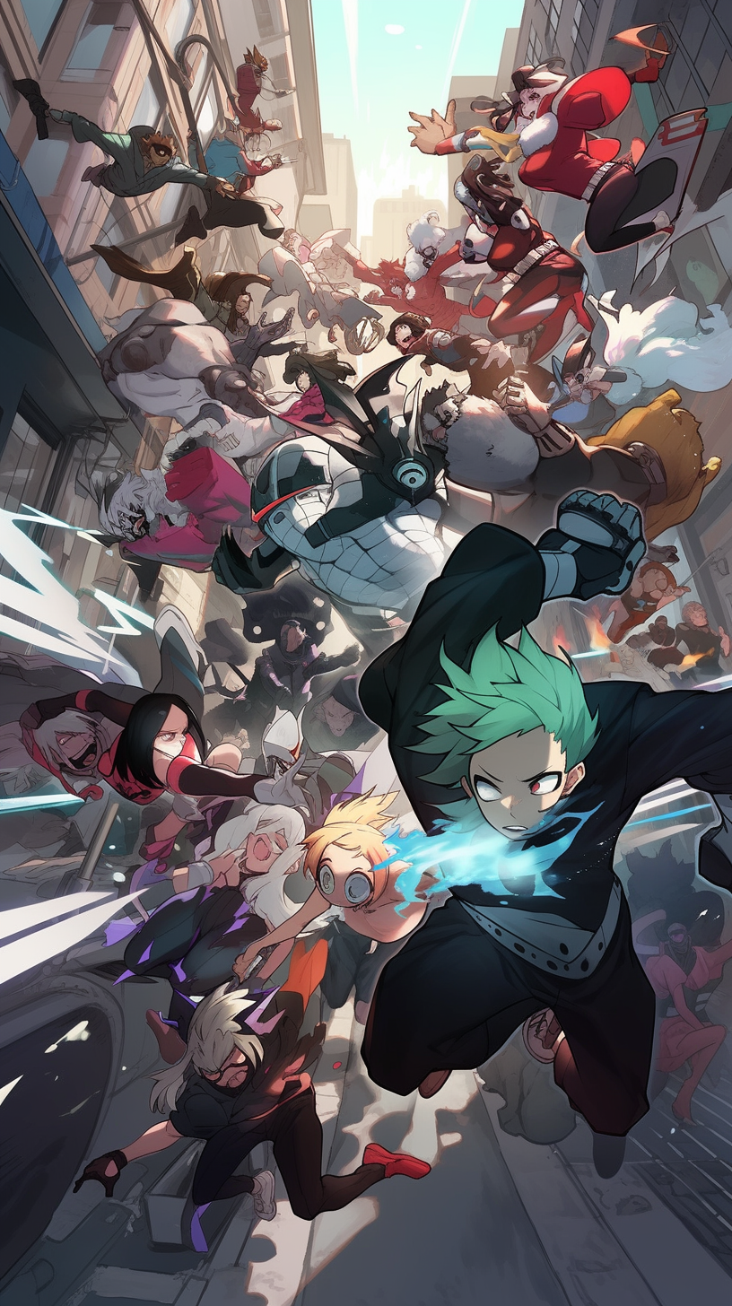 This anime wallpaper captures an intense battle scene from My Hero Academia