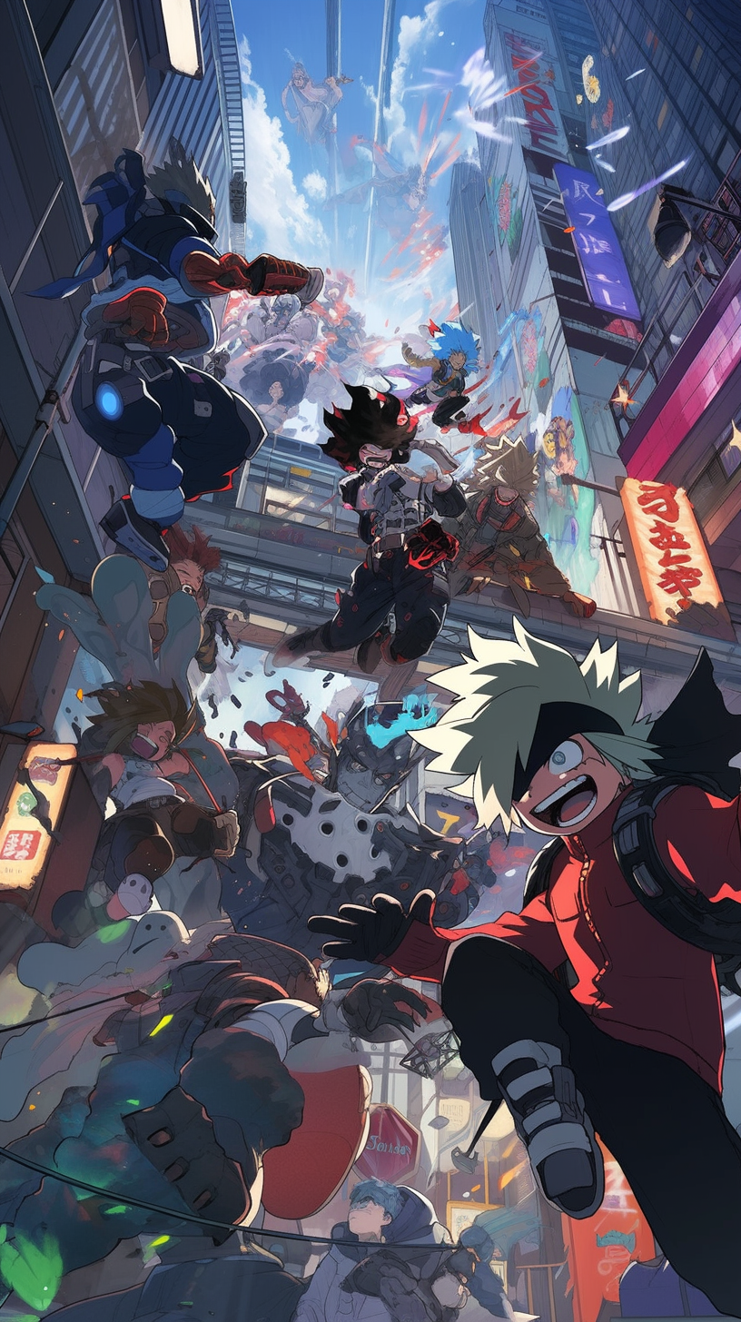 This anime wallpaper captures an intense battle scene from My Hero Academia