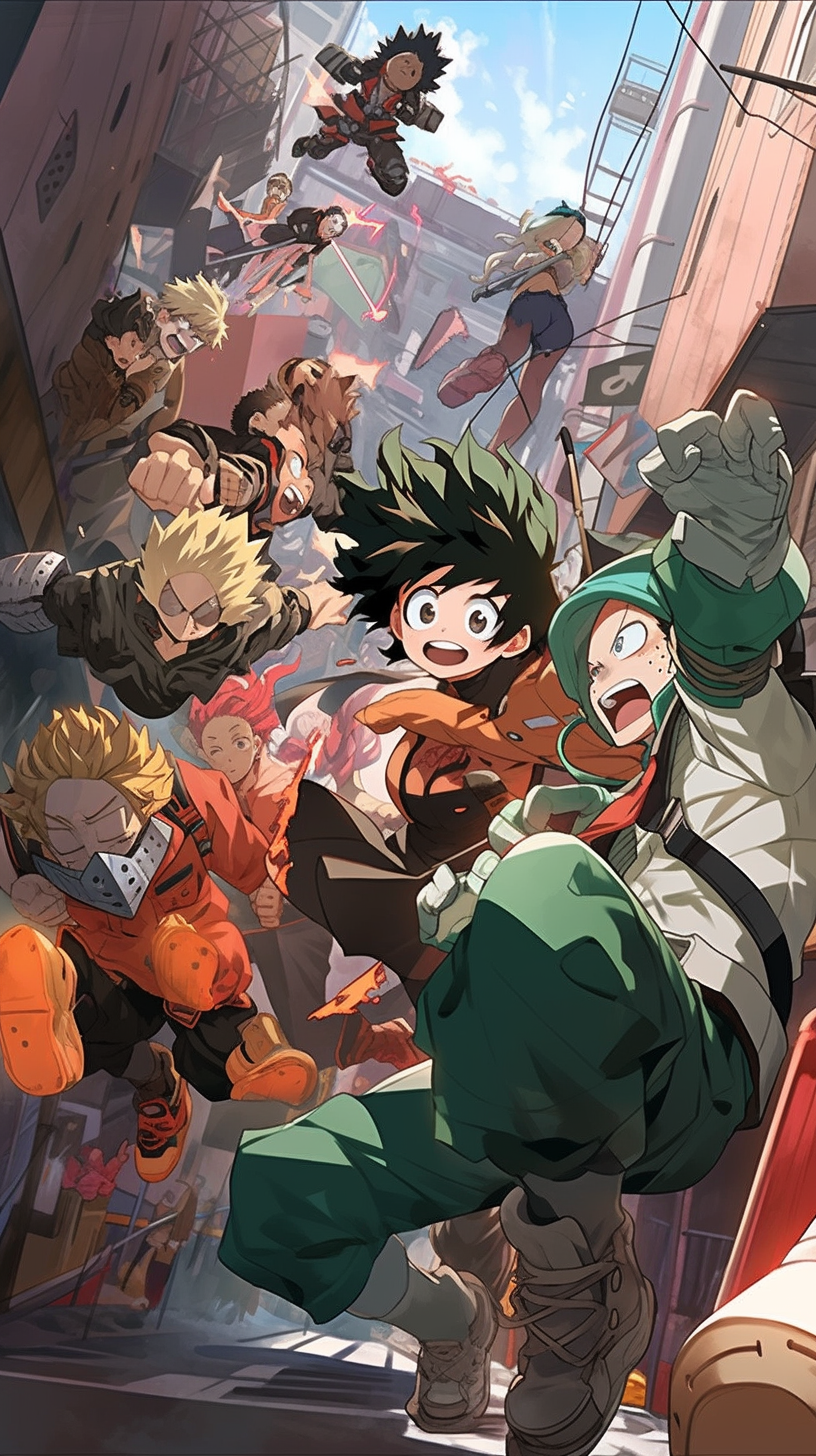 This anime wallpaper captures an intense battle scene from My Hero Academia