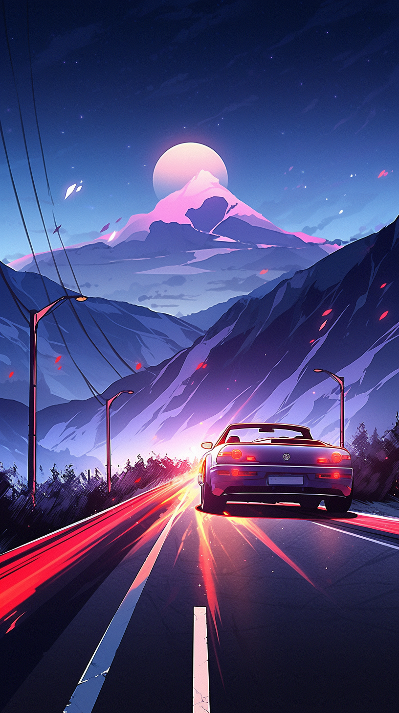 This anime wallpaper captures the thrill of a night race set against a stunning mountainous backdrop