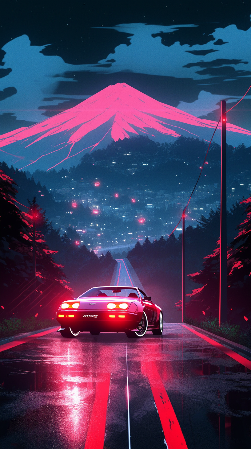 This anime wallpaper captures the thrill of a night race set against a dramatic backdrop