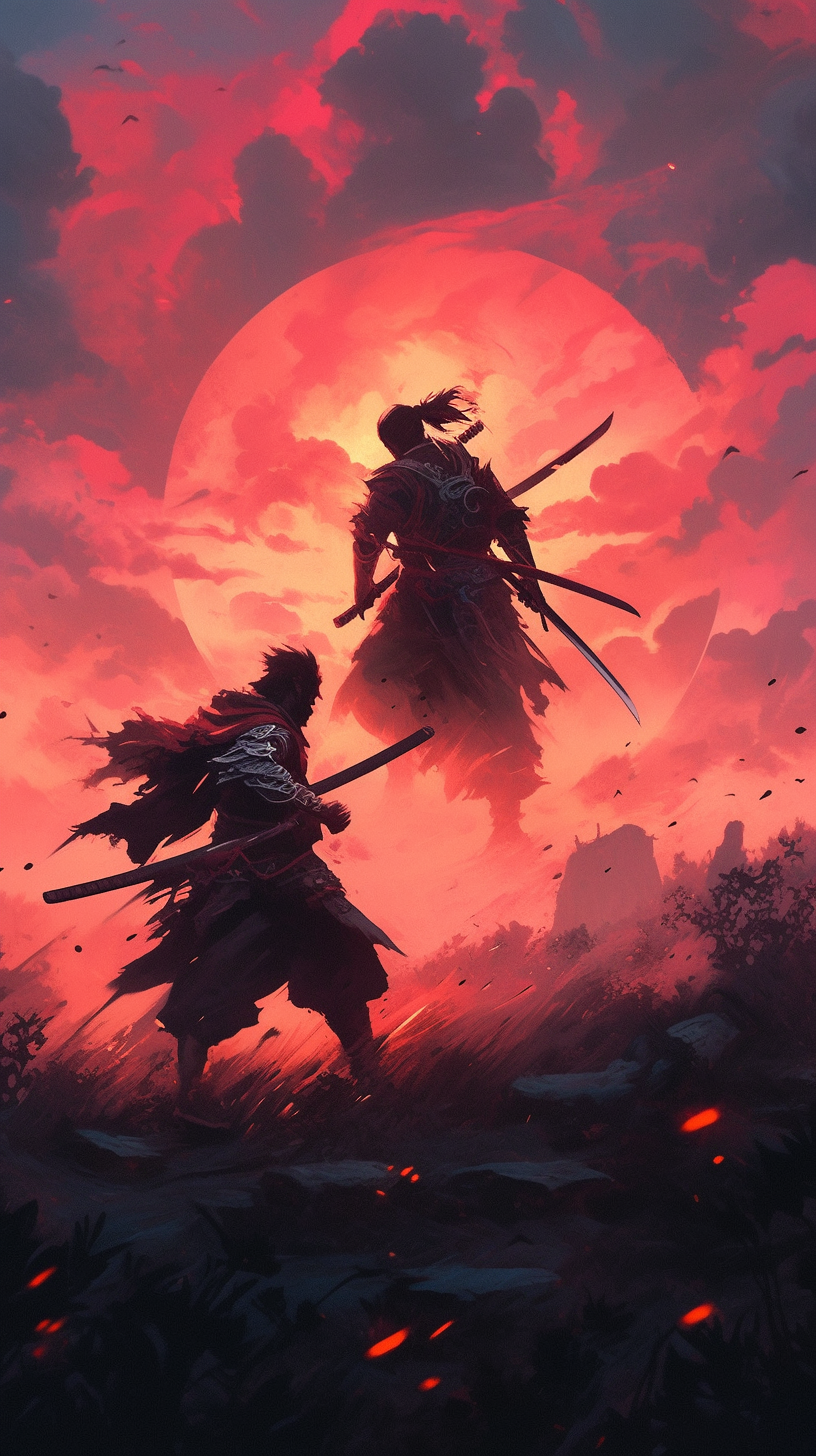 This anime wallpaper captures a dramatic scene featuring two skilled samurai warriors poised against a fiery sunset