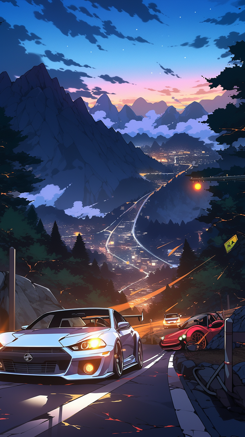 This anime wallpaper captures the thrilling essence of a night race set against a stunning mountainous backdrop