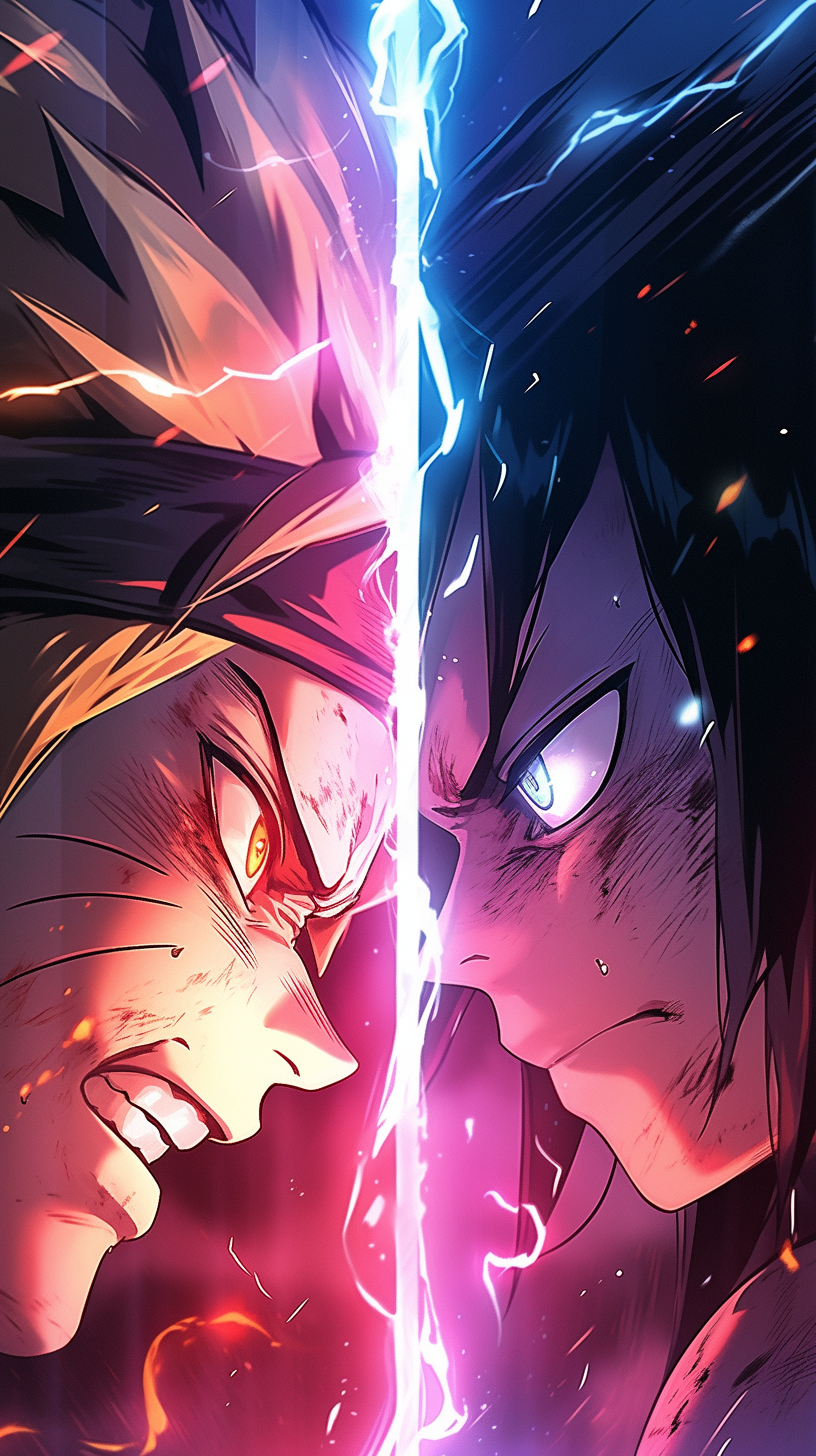 This anime wallpaper captures the intense rivalry and raw power of two iconic characters, Naruto Uzumaki and Sasuke Uchiha