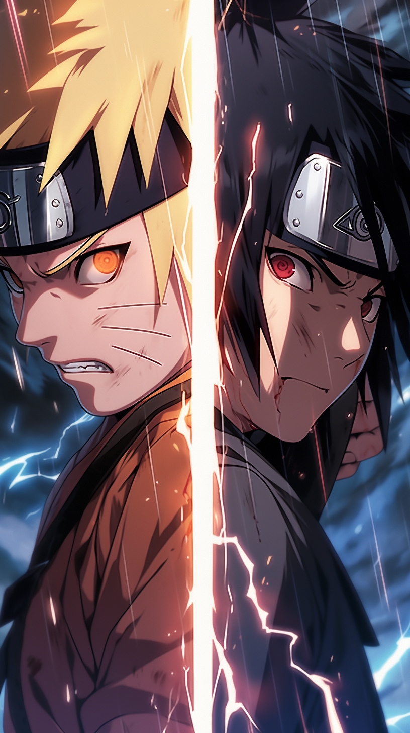 This anime wallpaper captures the intense rivalry and dramatic tension between Naruto Uzumaki and Sasuke Uchiha from the popular series 'Naruto