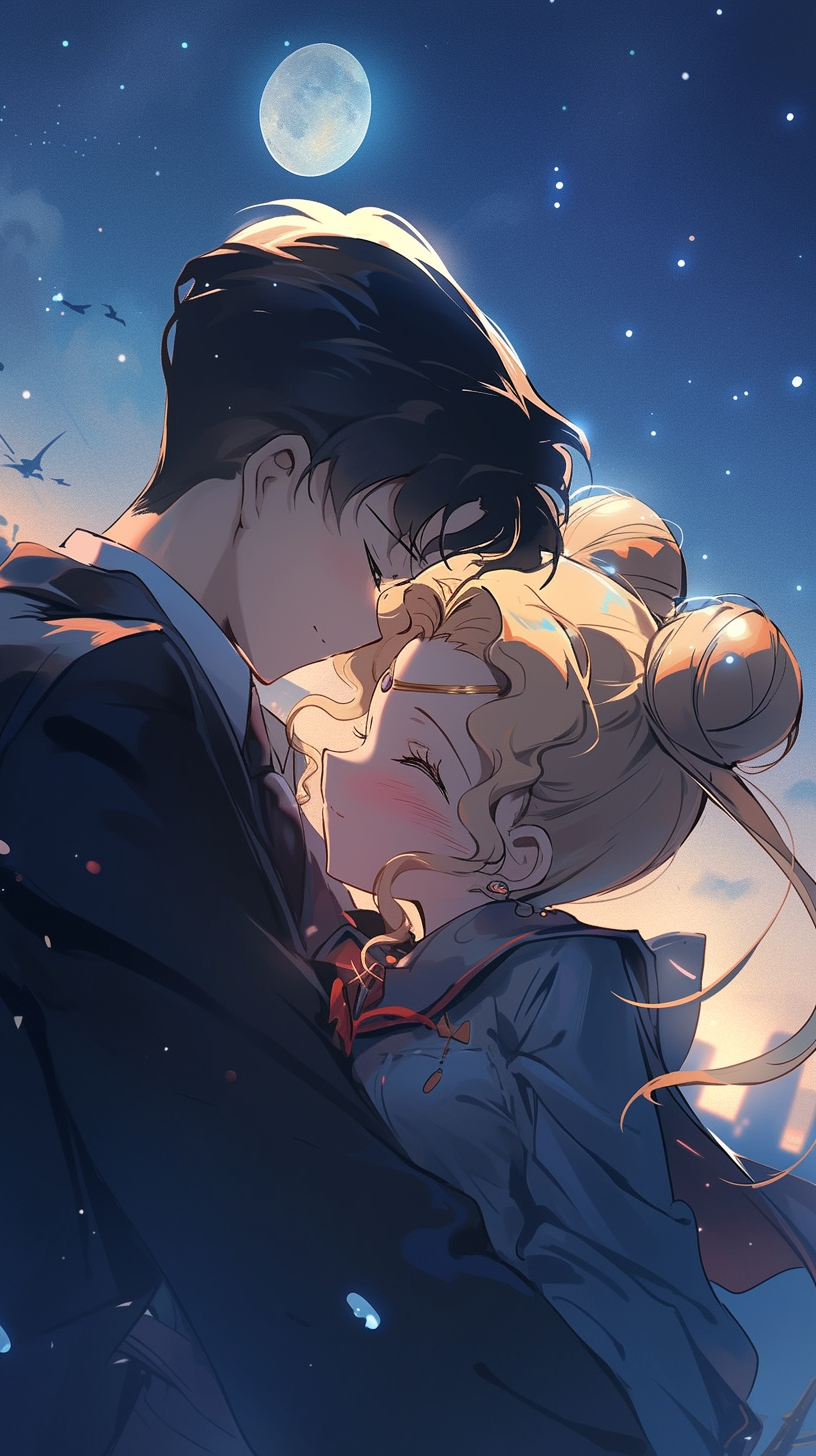 This enchanting anime wallpaper captures a tender moment between two beloved characters under the soft glow of a full moon
