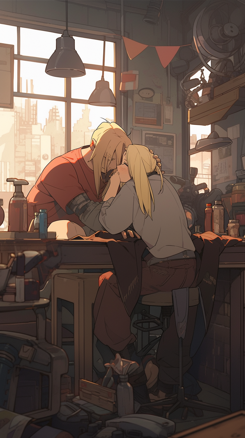 This captivating anime wallpaper features a heartwarming reunion scene from the popular series 'Fullmetal Alchemist