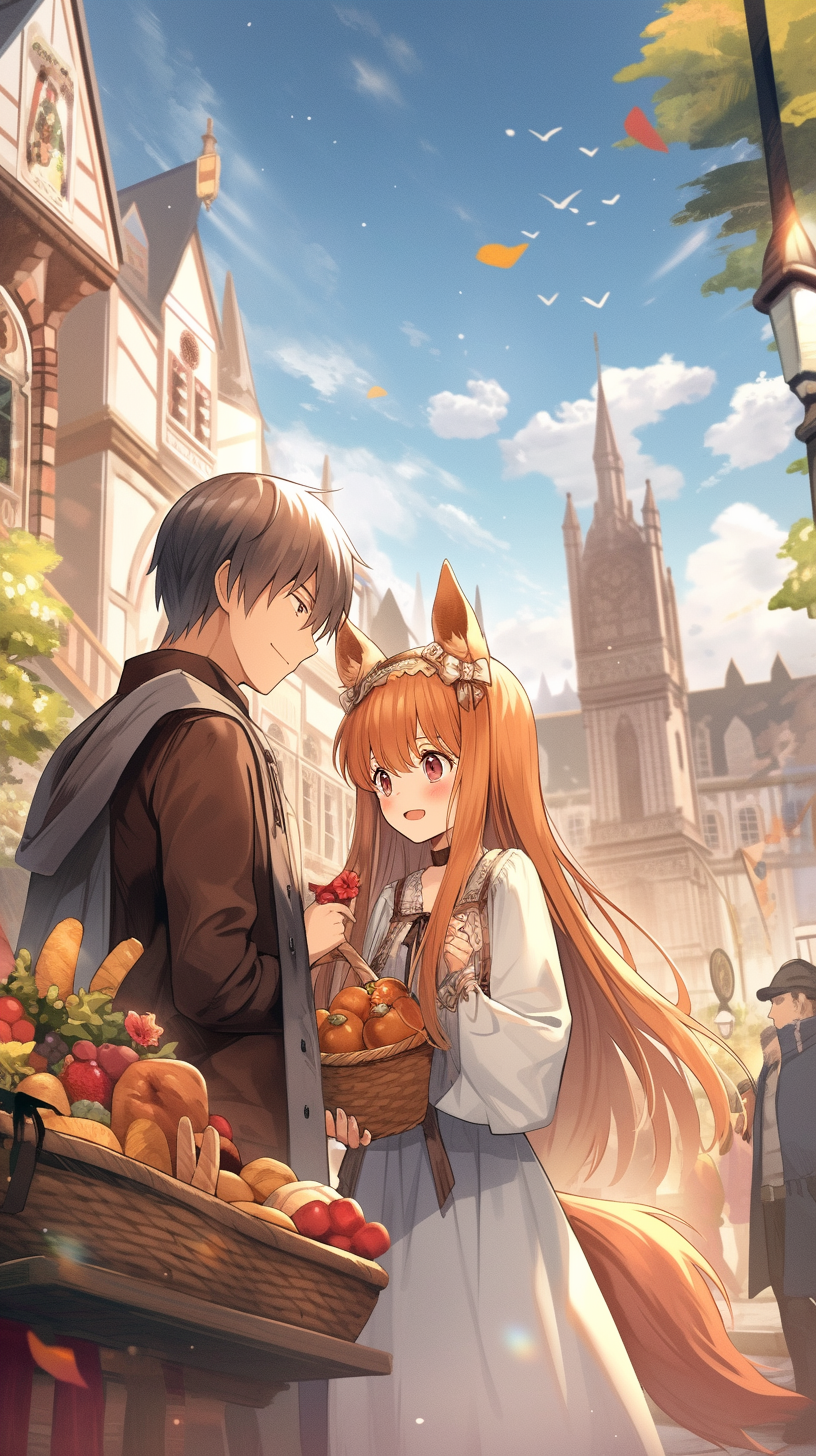 This enchanting anime wallpaper captures a serene moment between two characters, Lawrence and Holo, amidst a picturesque medieval town