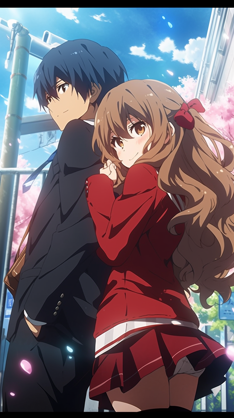 This anime wallpaper captures a heartwarming moment from the popular series 'Toradora!'