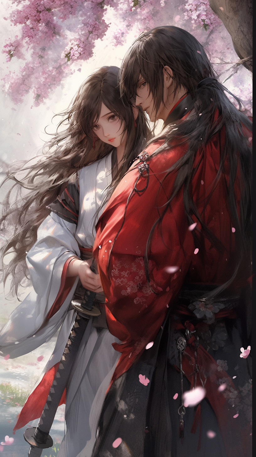 This enchanting anime wallpaper captures a tender moment between two beloved characters from Rurouni Kenshin