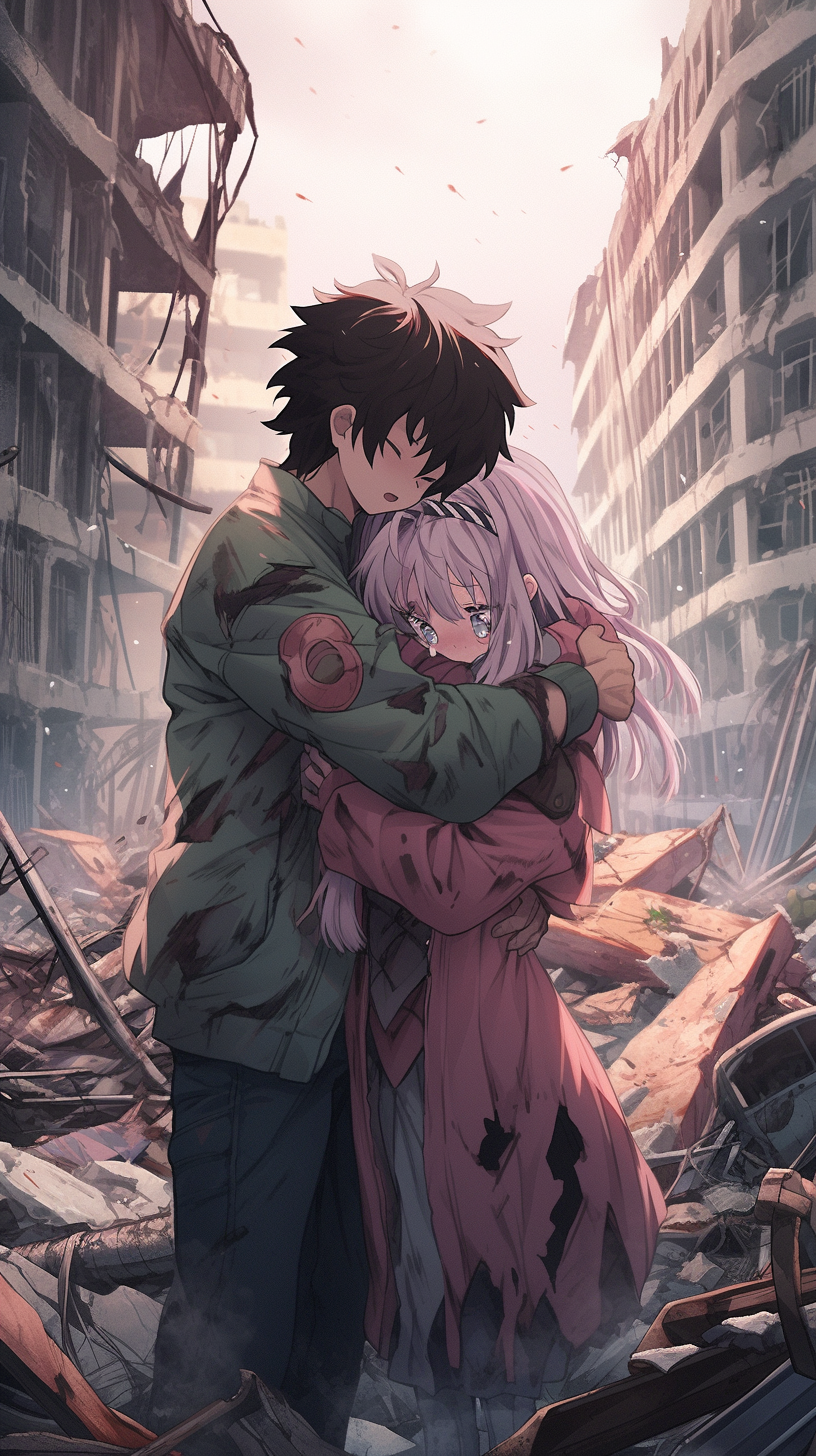 In this evocative anime wallpaper, two characters from the Future Diary series stand amidst a post-apocalyptic cityscape