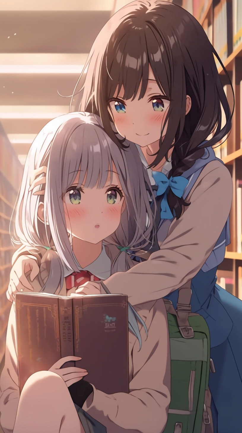This enchanting anime wallpaper captures a tender moment between two young girls in a cozy library setting