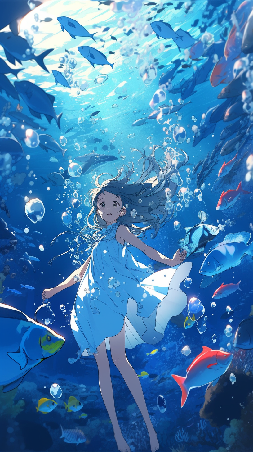 This enchanting anime wallpaper captures the essence of 'Nagi no Asukara,' a captivating series set in a world where humans live harmoniously with the sea